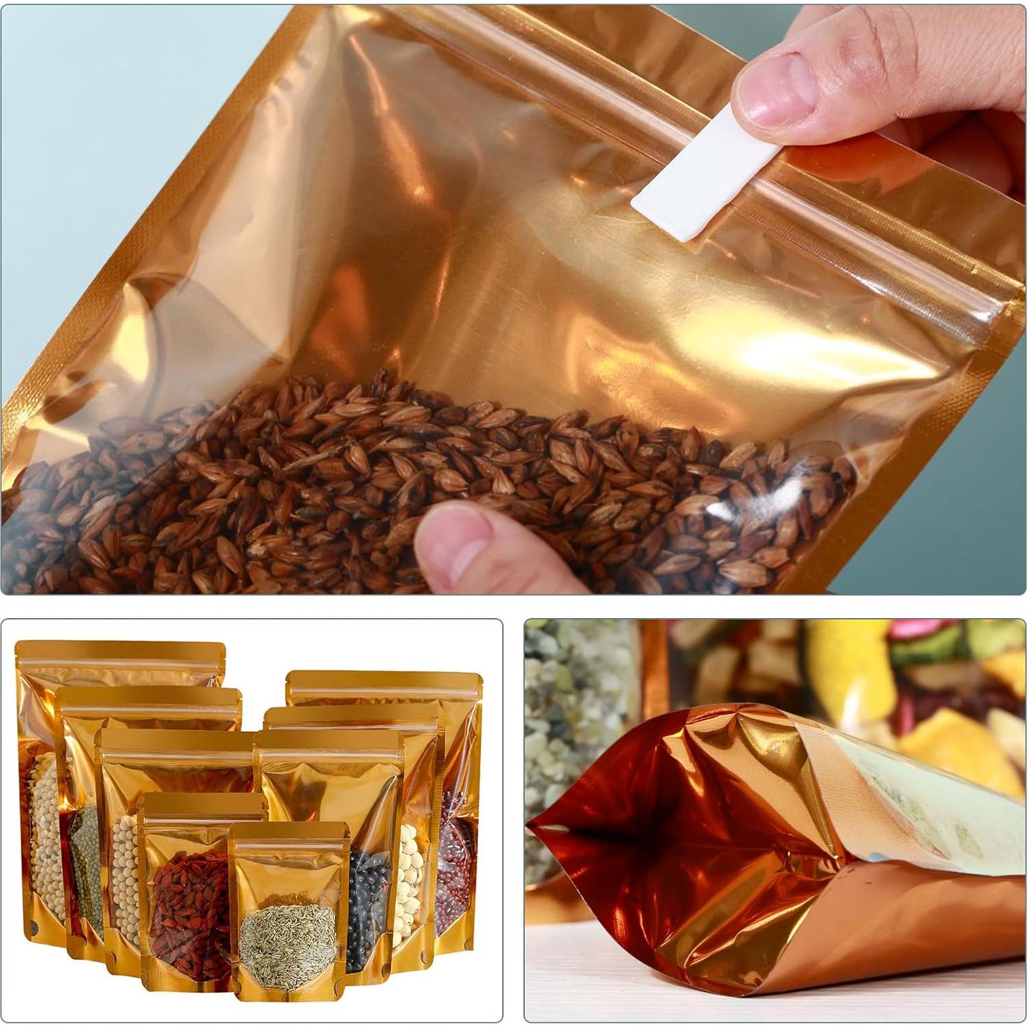 200 Bolsas Mylar Doradas 9.9x15 cm Resellables con Ventana