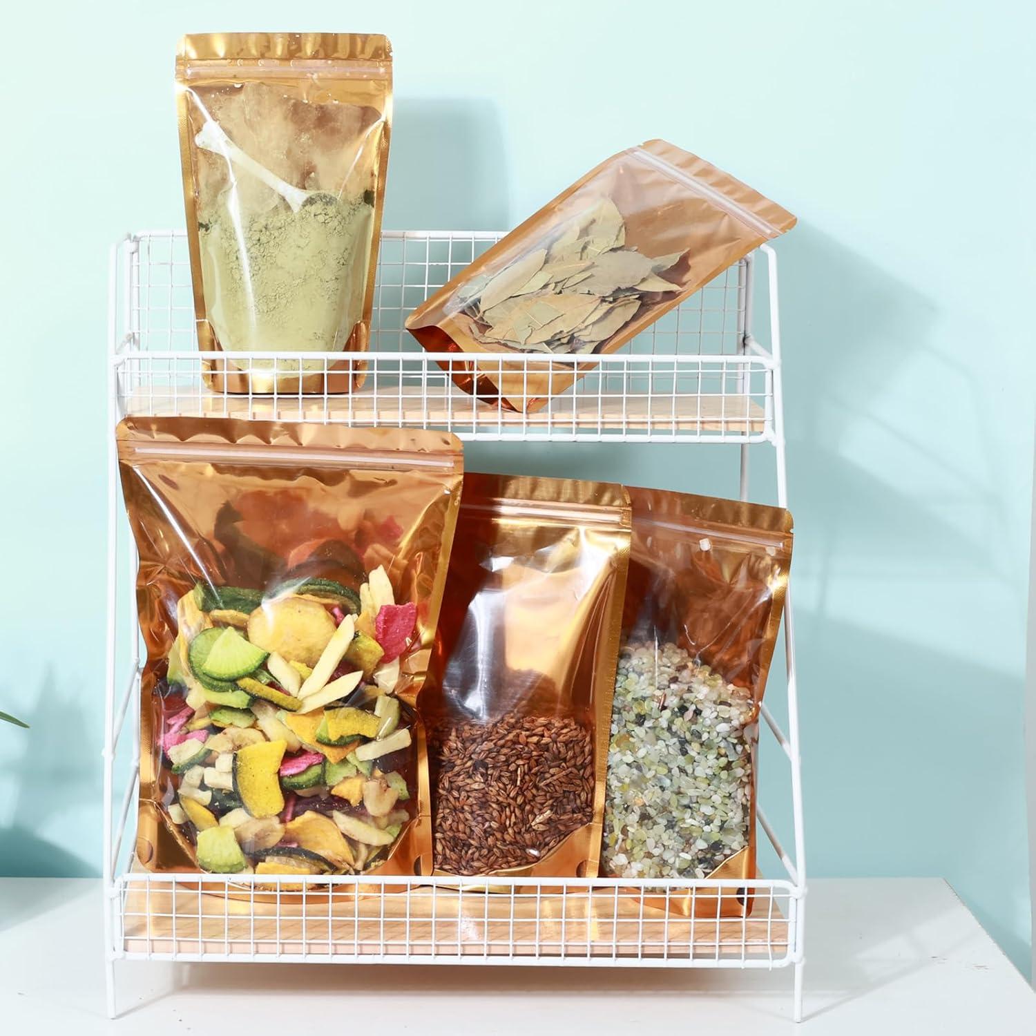 200 Bolsas Mylar Doradas 9.9x15 cm Resellables con Ventana