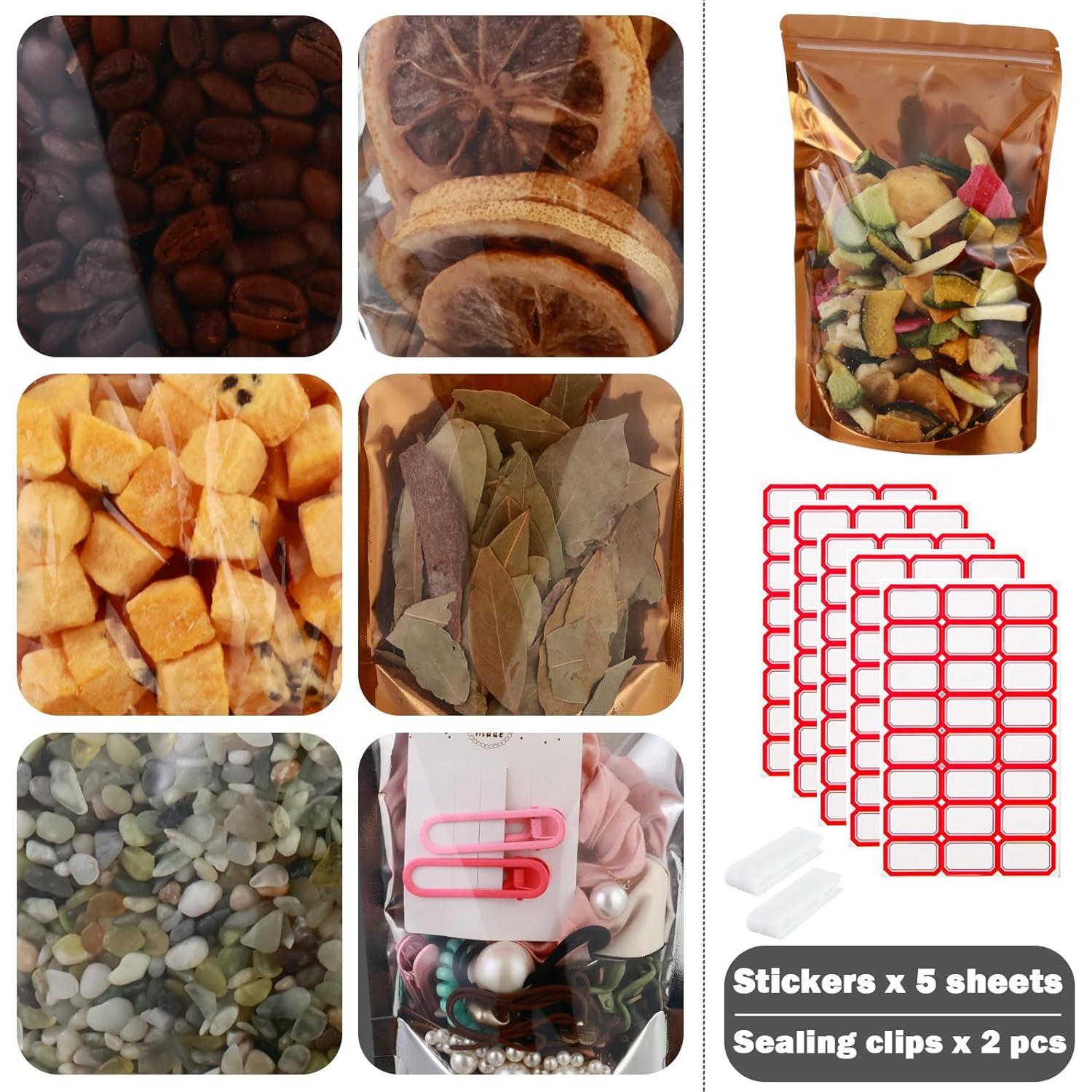 200 Bolsas Mylar Doradas 9.9x15 cm Resellables con Ventana