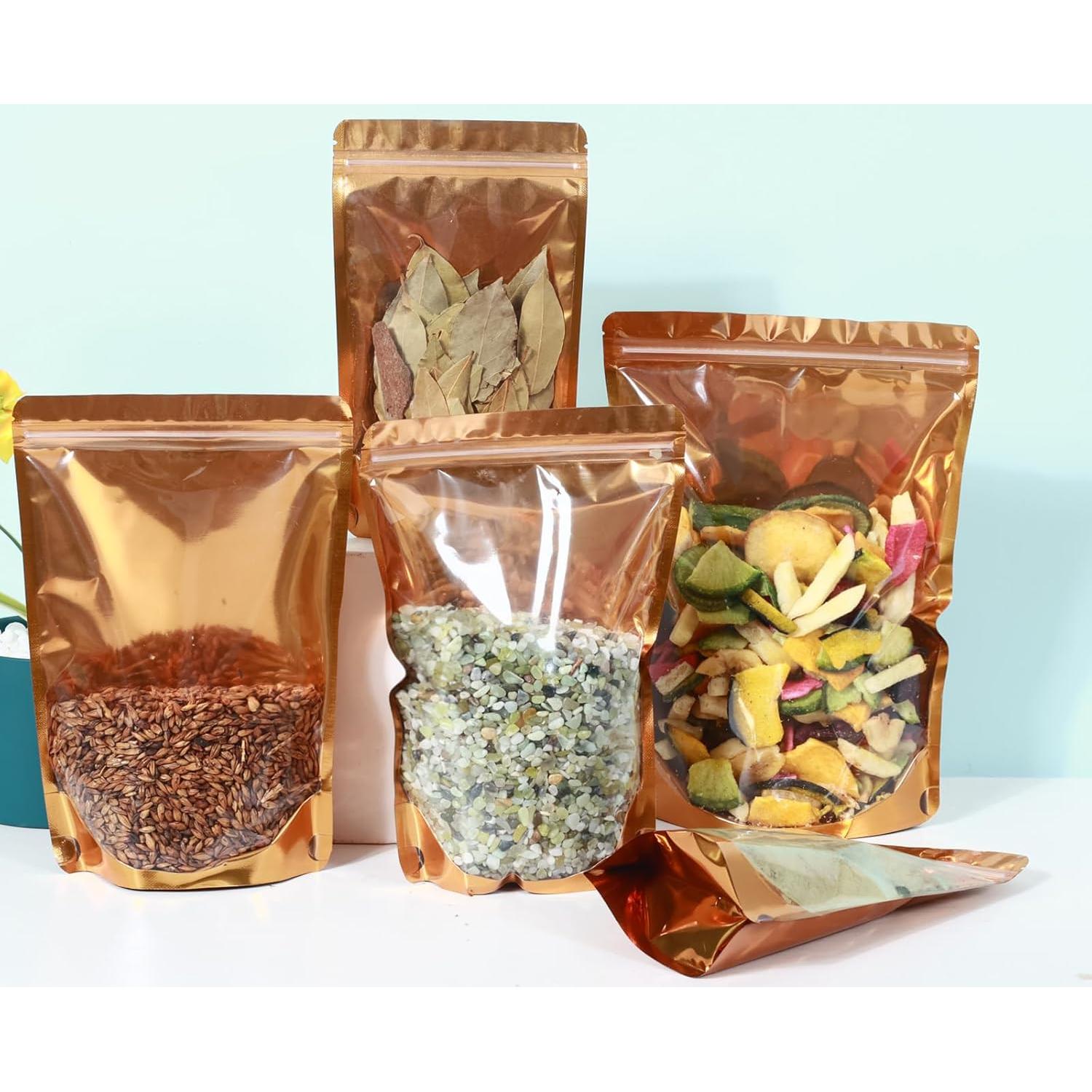 200 Bolsas Mylar Doradas 9.9x15 cm Resellables con Ventana