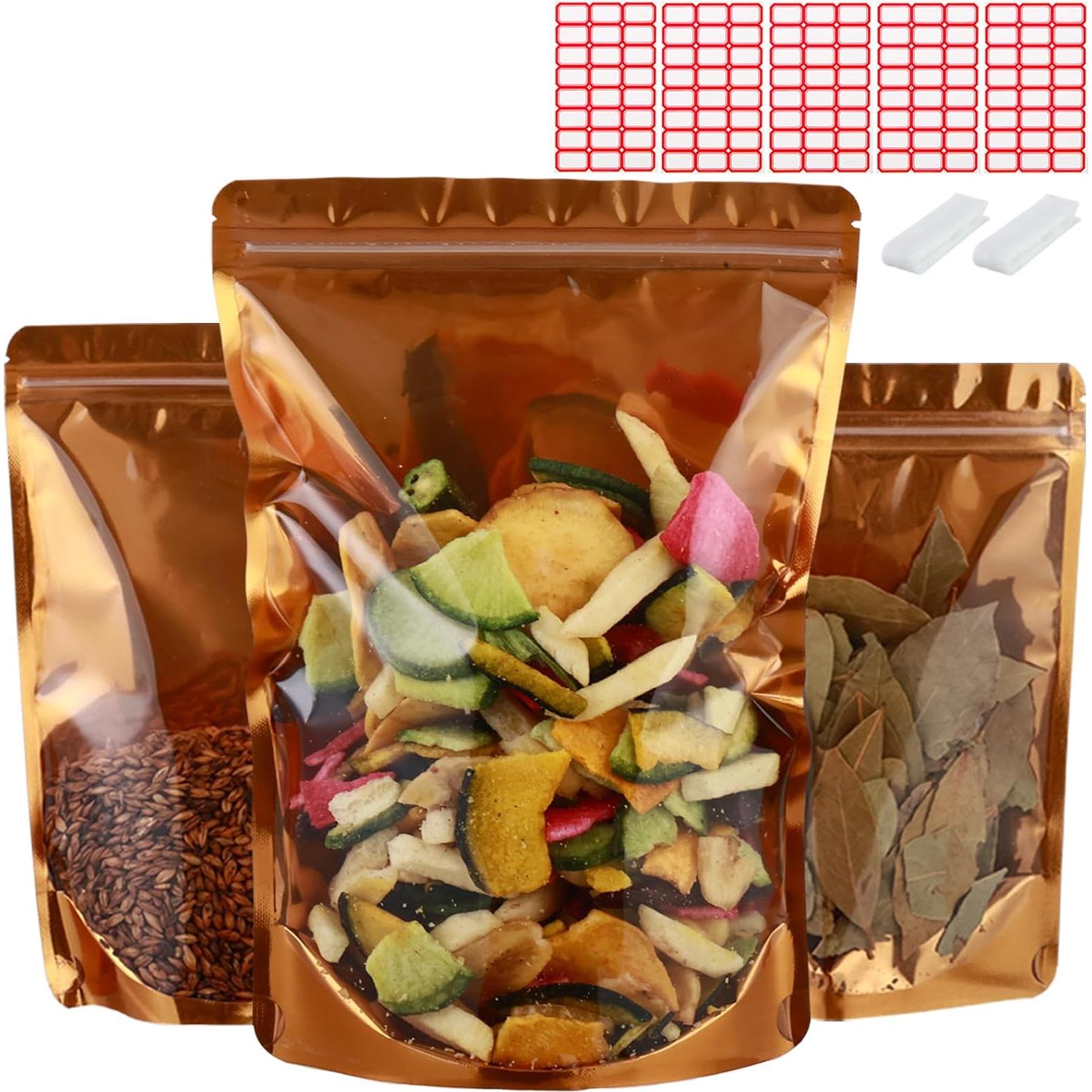 200 Bolsas Mylar Doradas 9.9x15 cm Resellables con Ventana