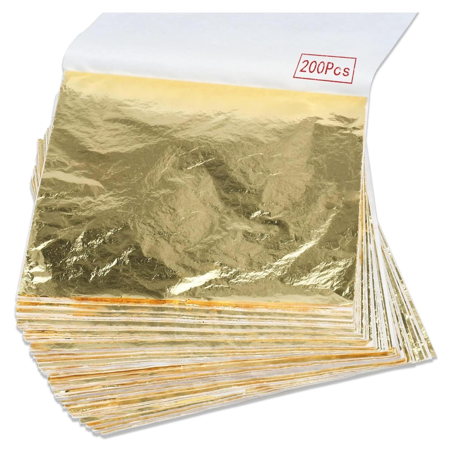 200Pcs Gold Leaf Sheets Gold Foil Sheets for Gilding Crafting, Art & DIY Projects, Picture Frames, Home Walls, Interior and Multi Artistic Decoration, Imitation Gold Foil Sheets 5.5" x 5.5"