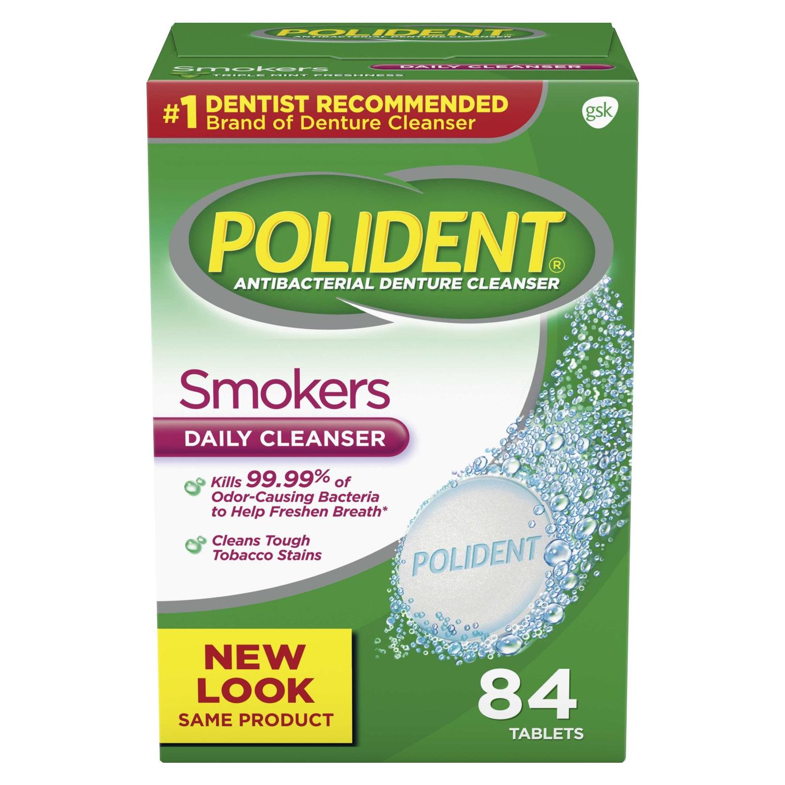 Polident Smokers Antibacterial Denture Cleanser Effervescent Tablets, 84 count