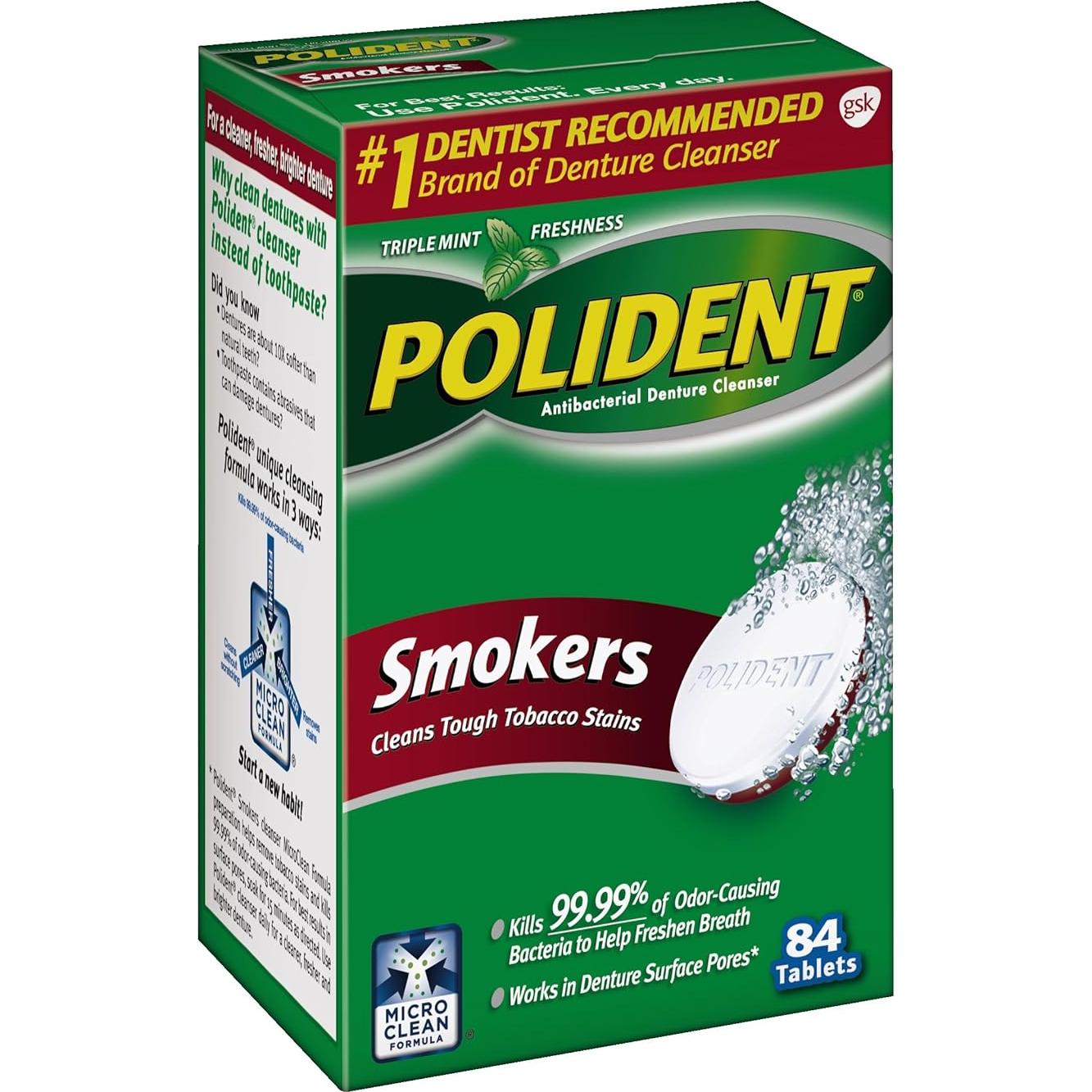 Polident Smokers Antibacterial Denture Cleanser Effervescent Tablets, 84 count