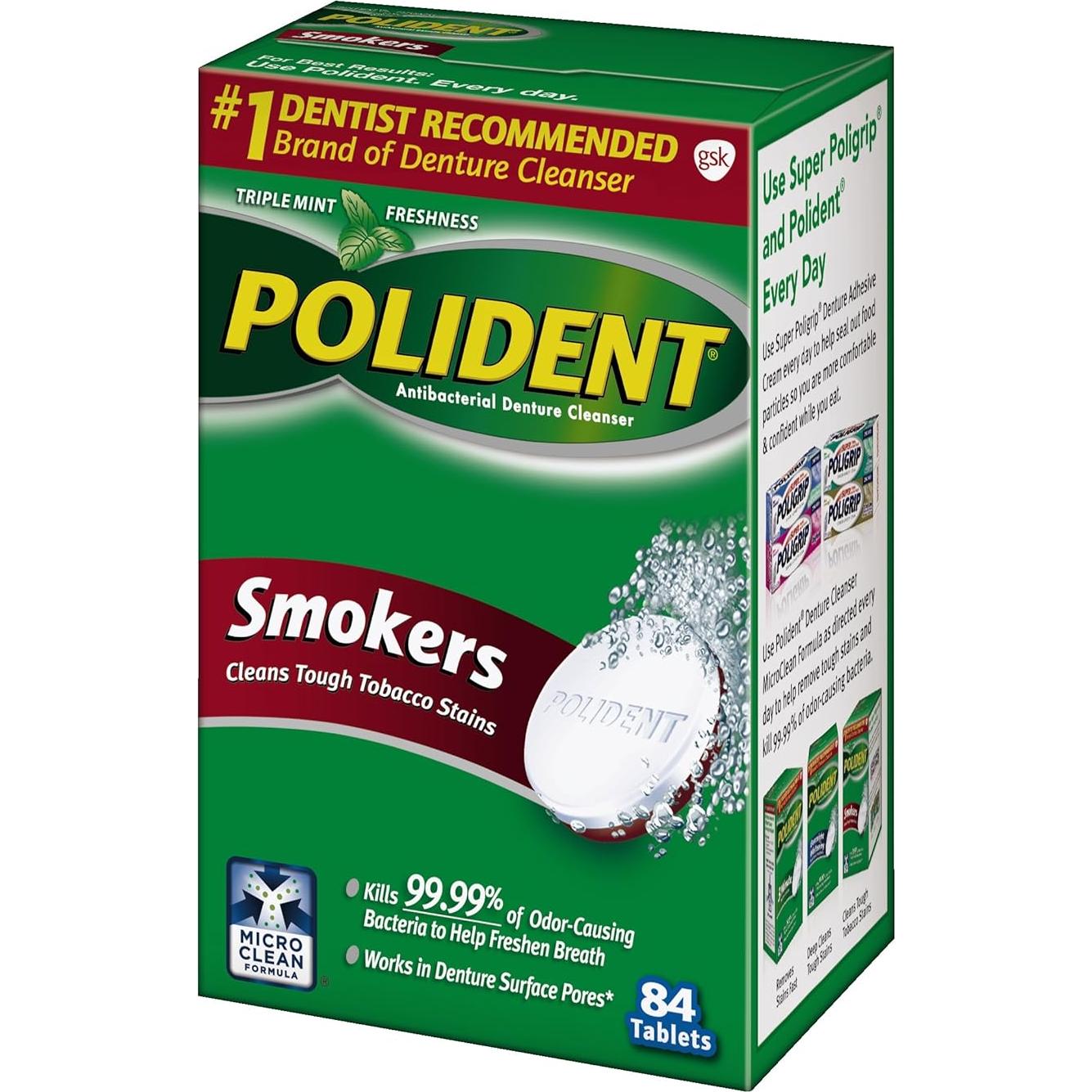 Polident Smokers Antibacterial Denture Cleanser Effervescent Tablets, 84 count