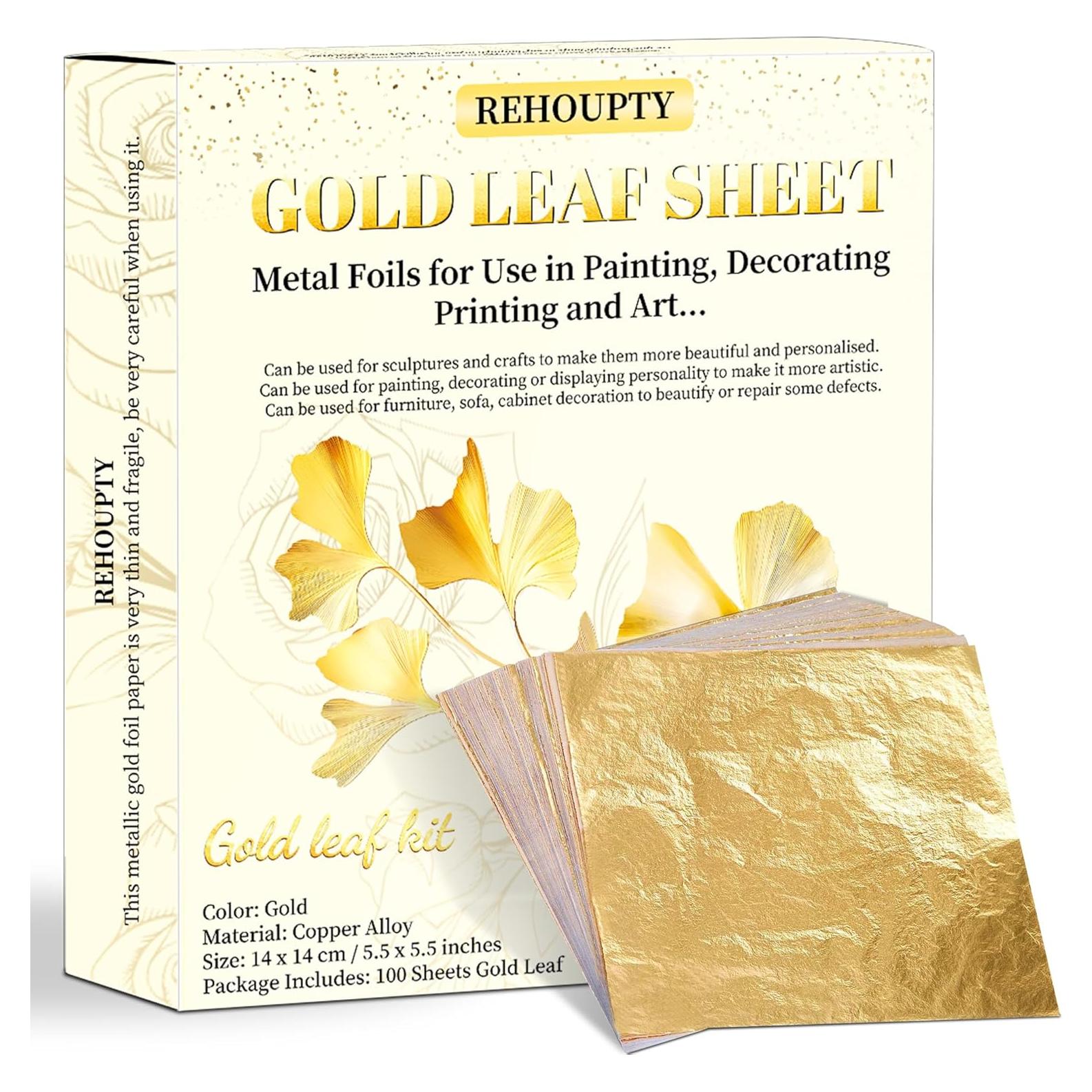 REHOUPTY 100pcs Imitation Gold Leaf Sheets, 5.5 x 5.5 Inches Gold Foil Sheets for Arts Painting Gilding Crafting Decoration, Metal Foils for Art & DIY Projects, Picture Frames and Interior Decoration