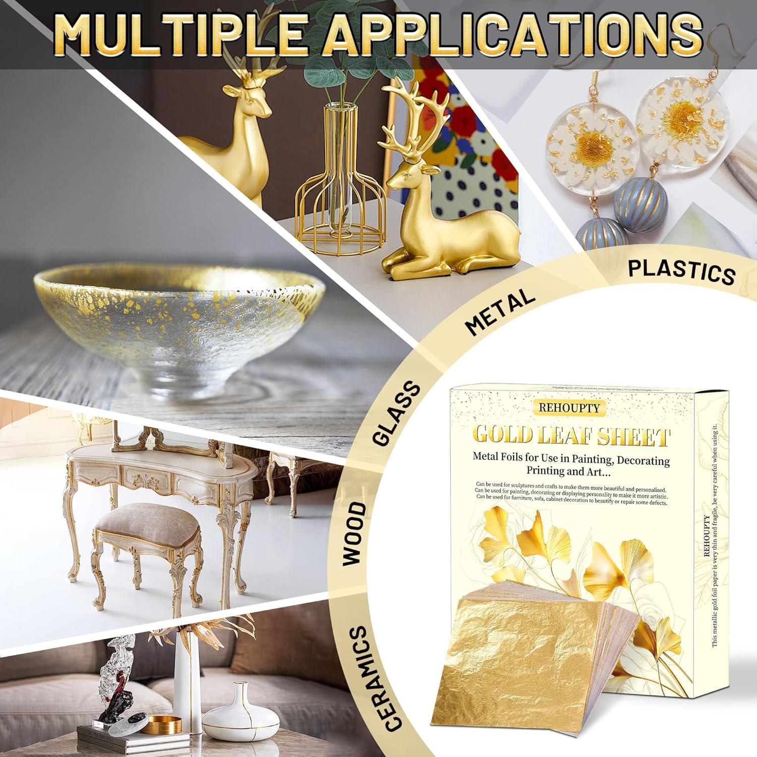 REHOUPTY 100pcs Imitation Gold Leaf Sheets, 5.5 x 5.5 Inches Gold Foil Sheets for Arts Painting Gilding Crafting Decoration, Metal Foils for Art & DIY Projects, Picture Frames and Interior Decoration