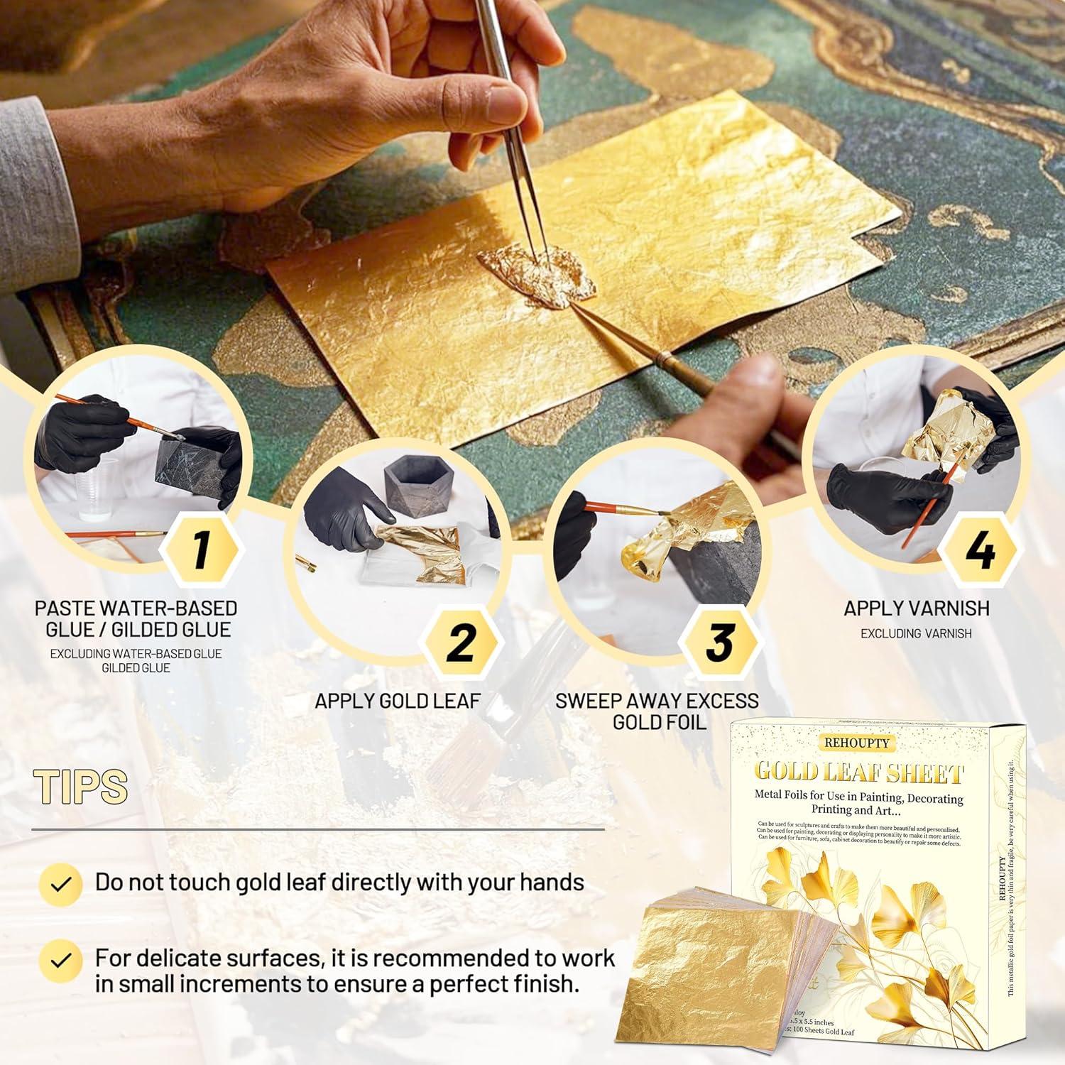 REHOUPTY 100pcs Imitation Gold Leaf Sheets, 5.5 x 5.5 Inches Gold Foil Sheets for Arts Painting Gilding Crafting Decoration, Metal Foils for Art & DIY Projects, Picture Frames and Interior Decoration