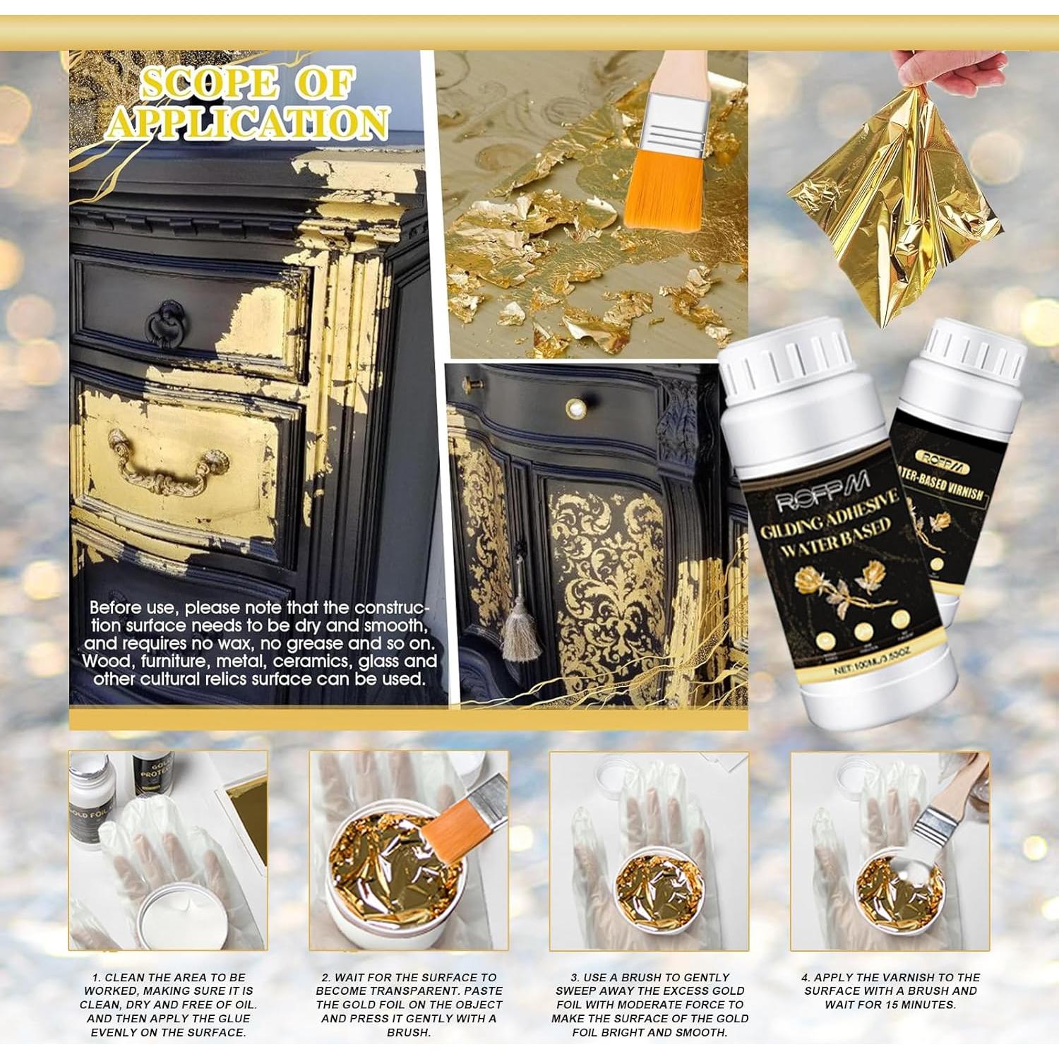 Kit de Adhesivo para Hojas de Oro ROFPM 100ml + Barniz 100ml