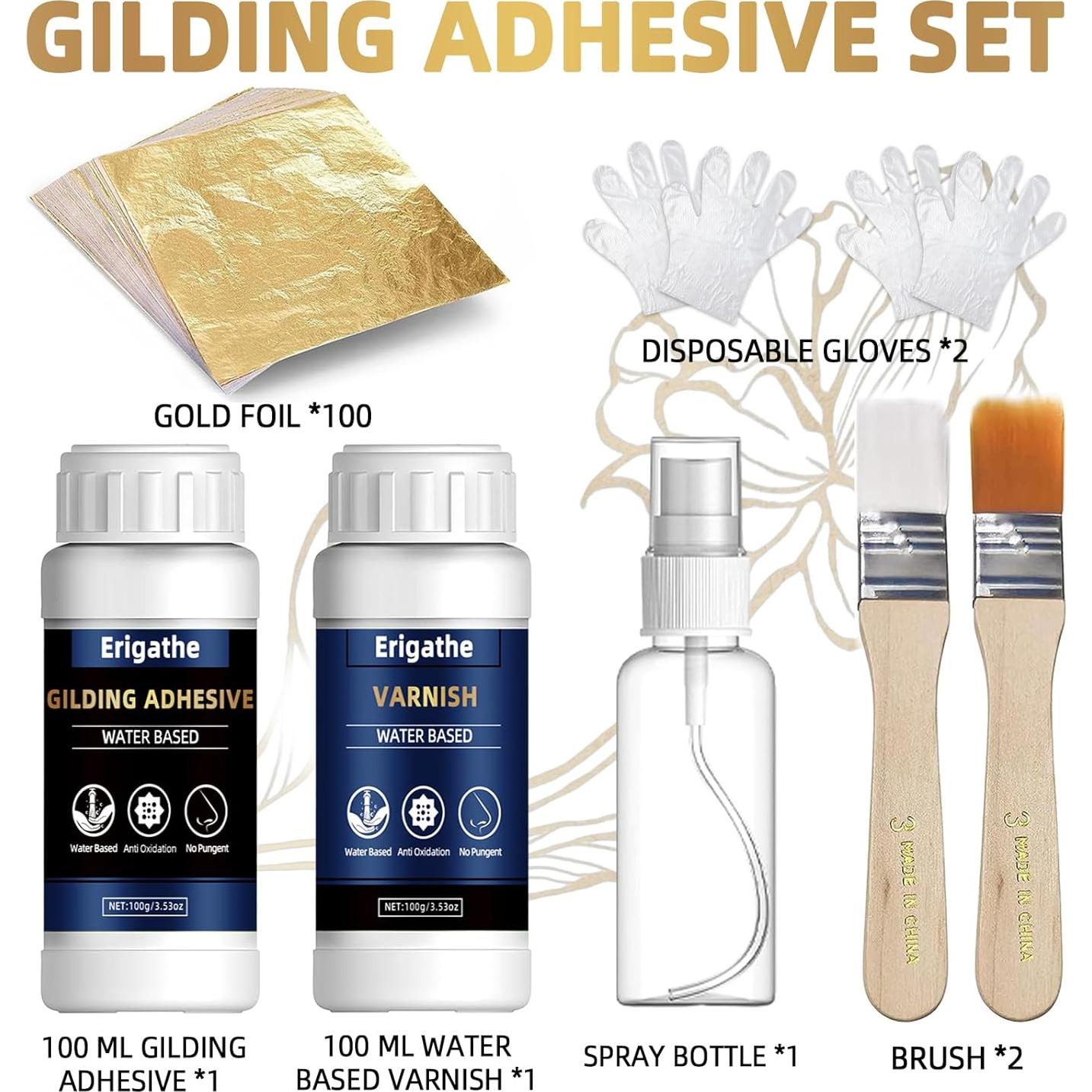 Kit de Hoja de Oro Erigathe 100ml x2 Adhesivo y Barniz