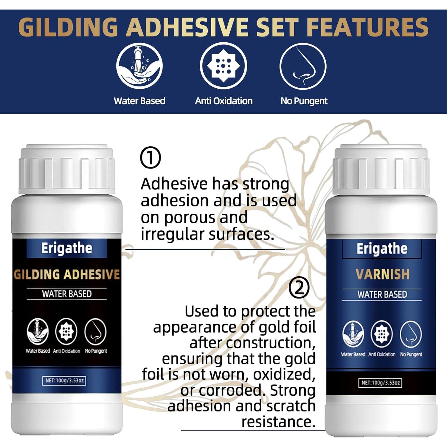 Kit de Hoja de Oro Erigathe 100ml x2 Adhesivo y Barniz