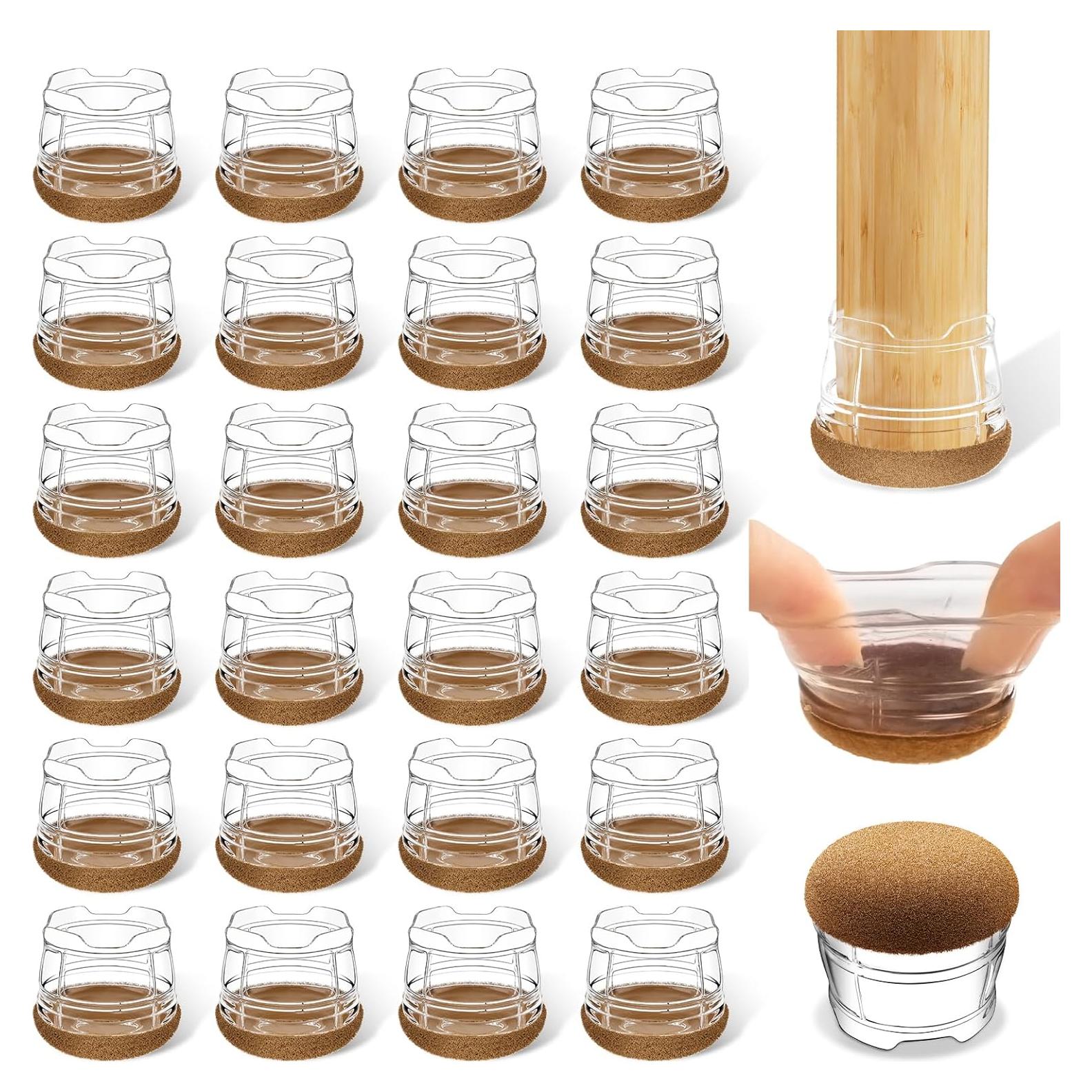 Upgrade 24 PCS Silicone & Felt Chair Leg Floor Protectors for Hardwood Floors - Furniture Pads, Chair Leg Covers/Caps - No Noise & Scratch-Proof - Round M (Fits 1"-1 3/16" / 26-30mm), Clear