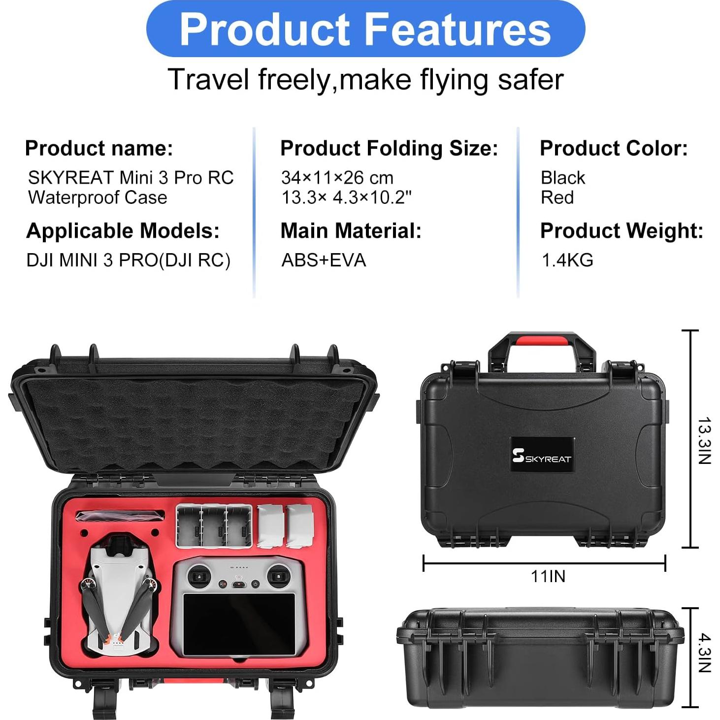 Skyreat Mini 3 / 3 Pro RC Hard Case, Waterproof Hard Shell Storage Bag for DJI Mini 3 / 3 Pro with DJI RC Controller Accessories