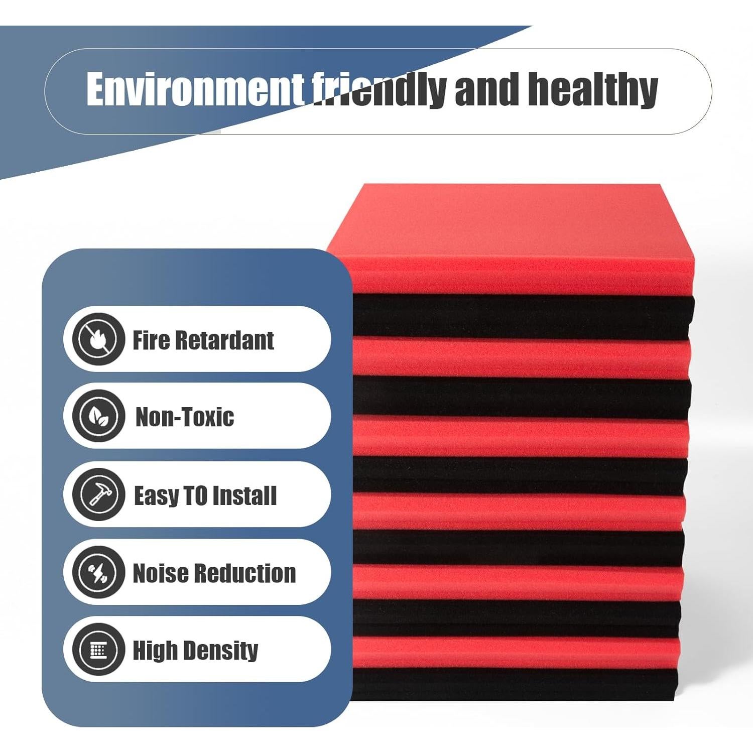 Paquete de 50 Paneles Acústicos 30x30 cm - Espuma Aislante Negra y Roja