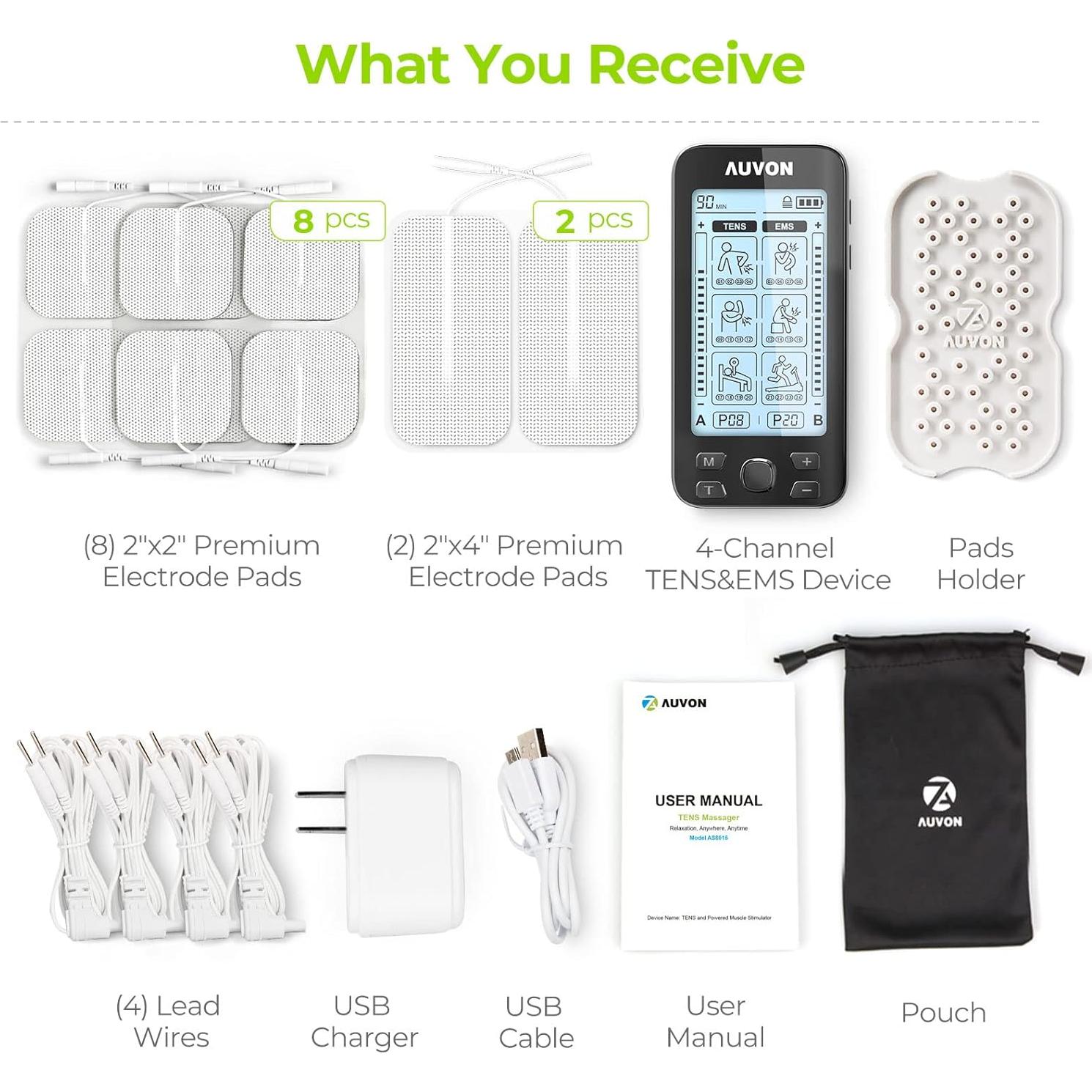 AUVON Estimulador Muscular TENS 4 Canales con 10 Almohadillas