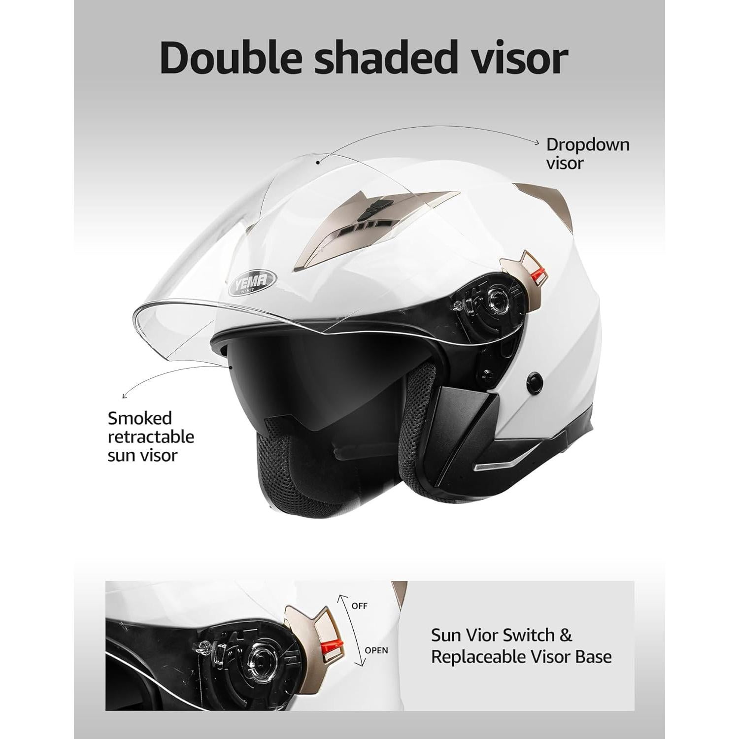 Casco de Moto YEMA 3/4 Doble Visera Negro Mate 1.18 kg