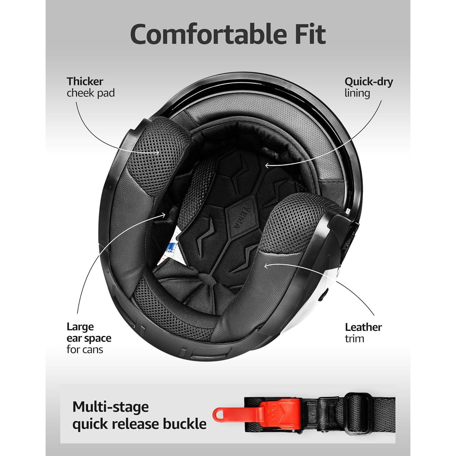 Casco de Moto YEMA 3/4 Doble Visera Negro Mate 1.18 kg