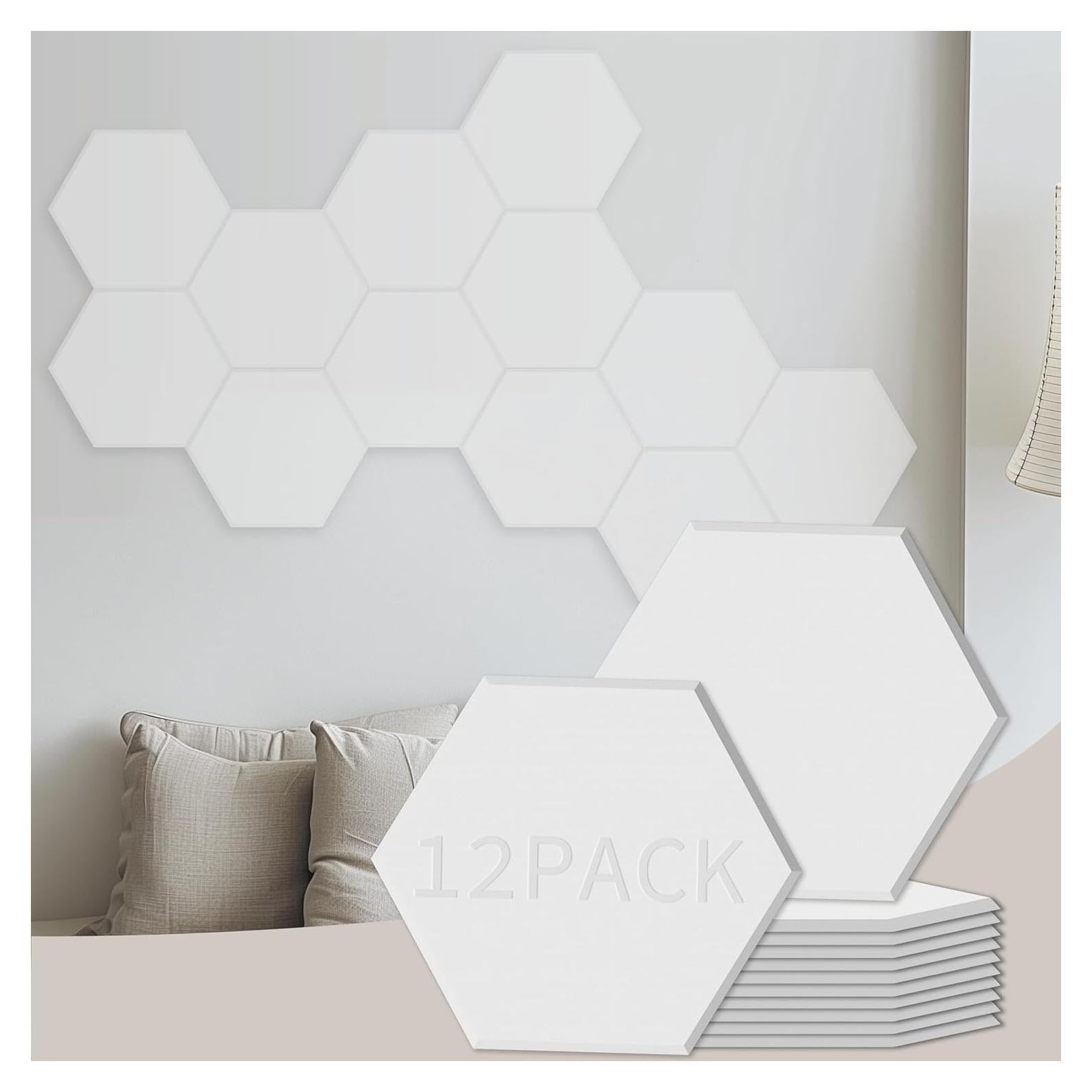 12-Pack Hexagon Acoustic Panels, 14" X 12" X 0.4" High Density Sound Absorbing Foam Panels, Beveled Edge Noise Blocker, Adhesives Not Included, White