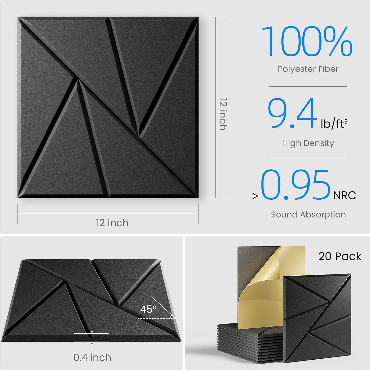 Paneles Acústicos Autoadhesivos Lebenforce 20 Piezas 30.48x30.48cm