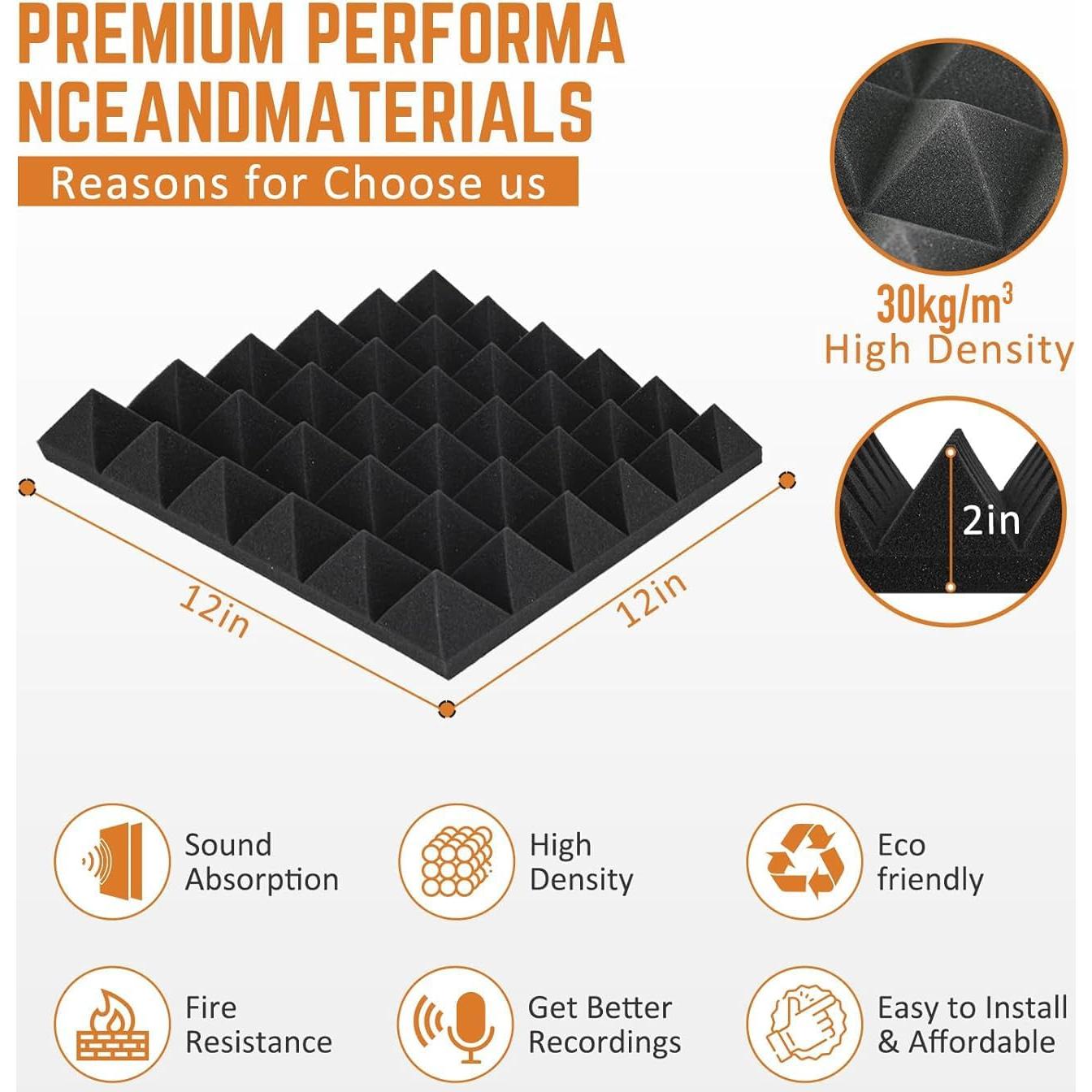 Paneles Acústicos Saiqiang 12 Pack Pirámide Negra 30.48x30.48cm