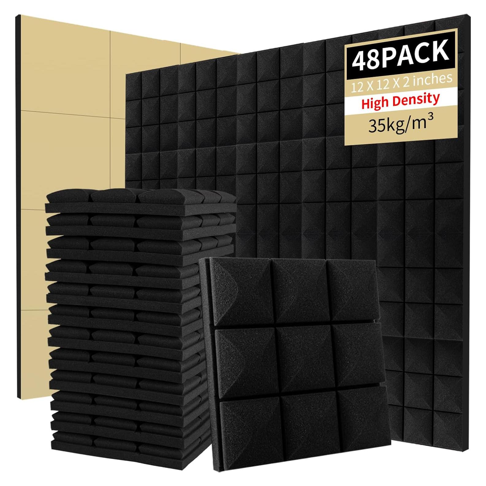 Acoustic Foam Panels, 12X12X2 Inches Self-adhesive Mushroom-Shaped Design High Density Sound-Absorbing and Noise-Canceling Block Cotton for Studio Recording, Office,Home (Black, 48PCS)