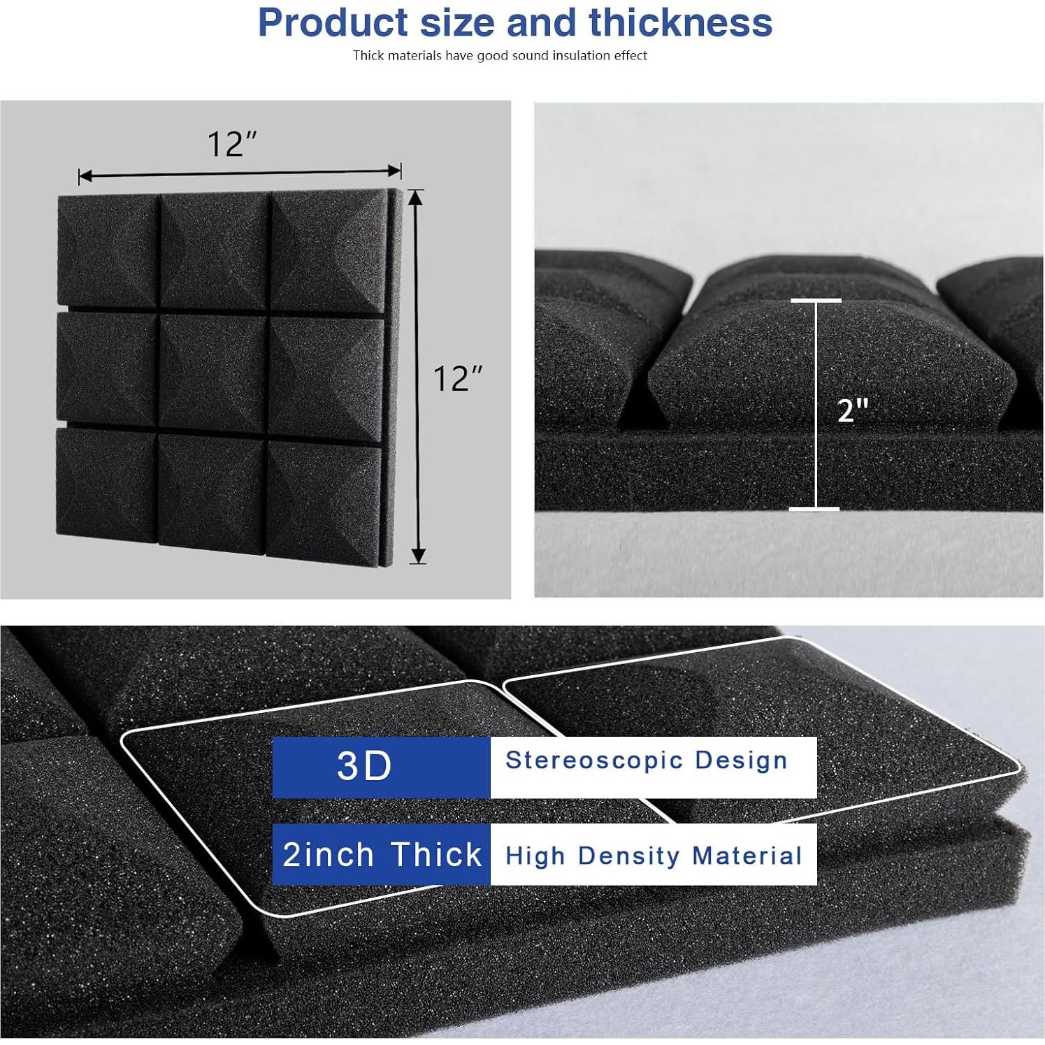 Acoustic Foam Panels, 12X12X2 Inches Self-adhesive Mushroom-Shaped Design High Density Sound-Absorbing and Noise-Canceling Block Cotton for Studio Recording, Office,Home (Black, 48PCS)