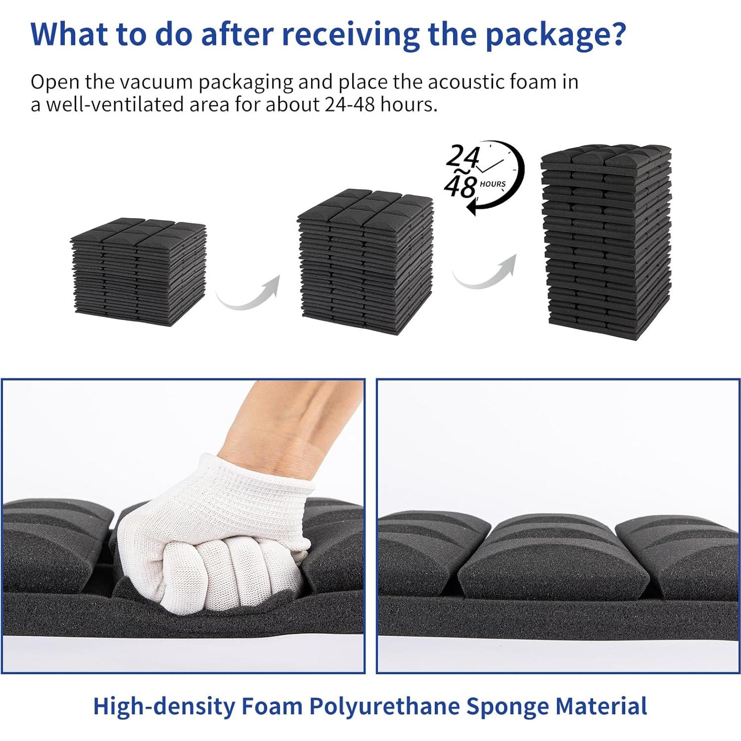 Acoustic Foam Panels, 12X12X2 Inches Self-adhesive Mushroom-Shaped Design High Density Sound-Absorbing and Noise-Canceling Block Cotton for Studio Recording, Office,Home (Black, 48PCS)