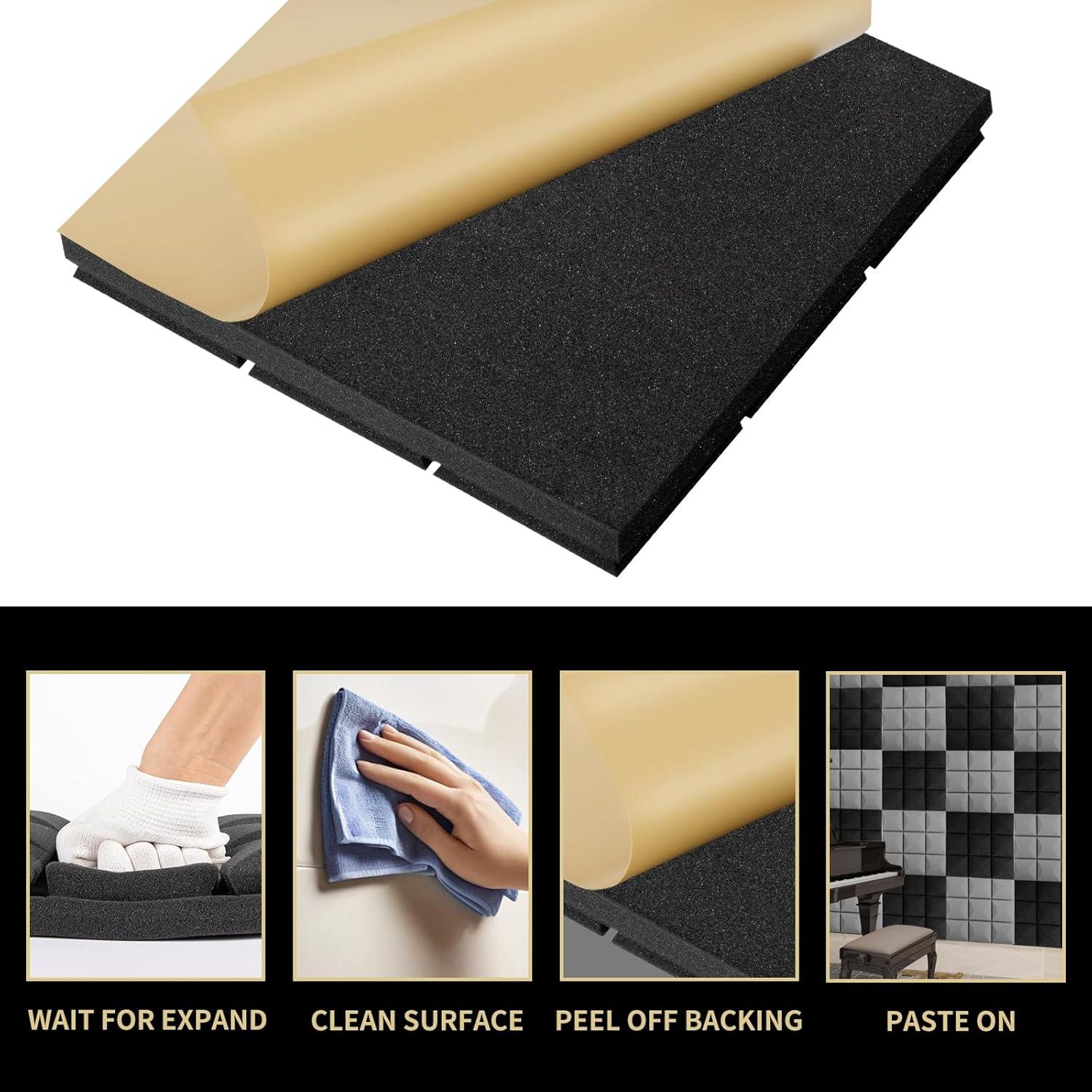 Acoustic Foam Panels, 12X12X2 Inches Self-adhesive Mushroom-Shaped Design High Density Sound-Absorbing and Noise-Canceling Block Cotton for Studio Recording, Office,Home (Black, 48PCS)