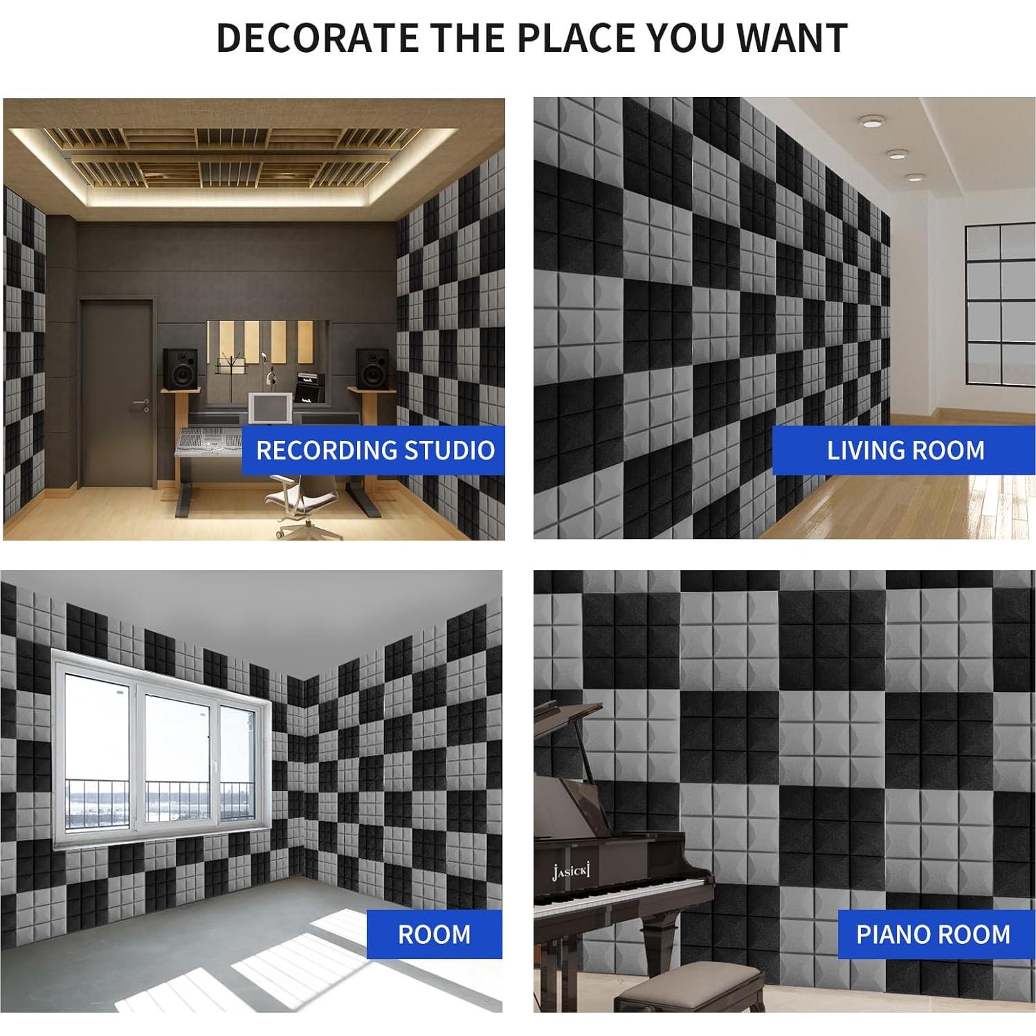 Acoustic Foam Panels, 12X12X2 Inches Self-adhesive Mushroom-Shaped Design High Density Sound-Absorbing and Noise-Canceling Block Cotton for Studio Recording, Office,Home (Black, 48PCS)