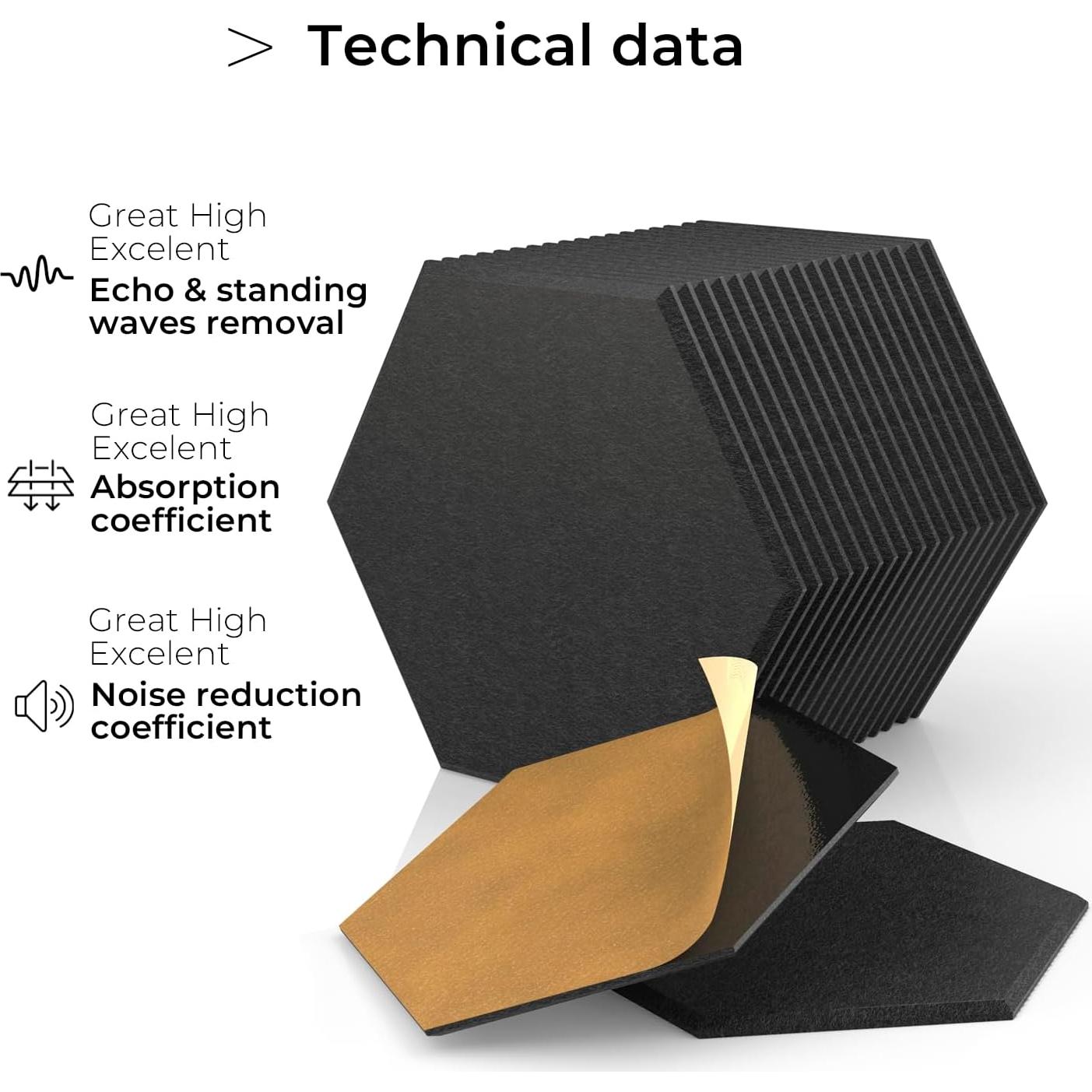Paquete de 18 Paneles Acústicos Hexagonales Autoadhesivos 30.5x25.4cm