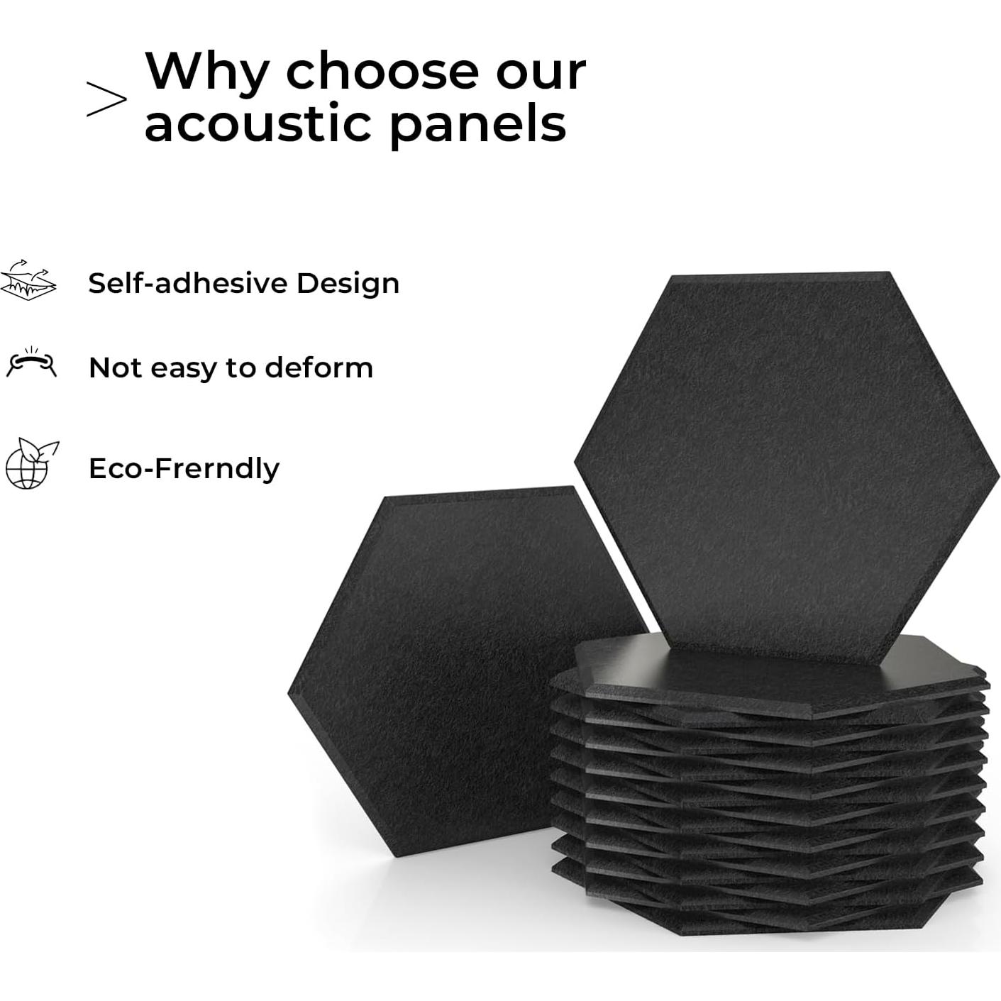 Paquete de 18 Paneles Acústicos Hexagonales Autoadhesivos 30.5x25.4cm