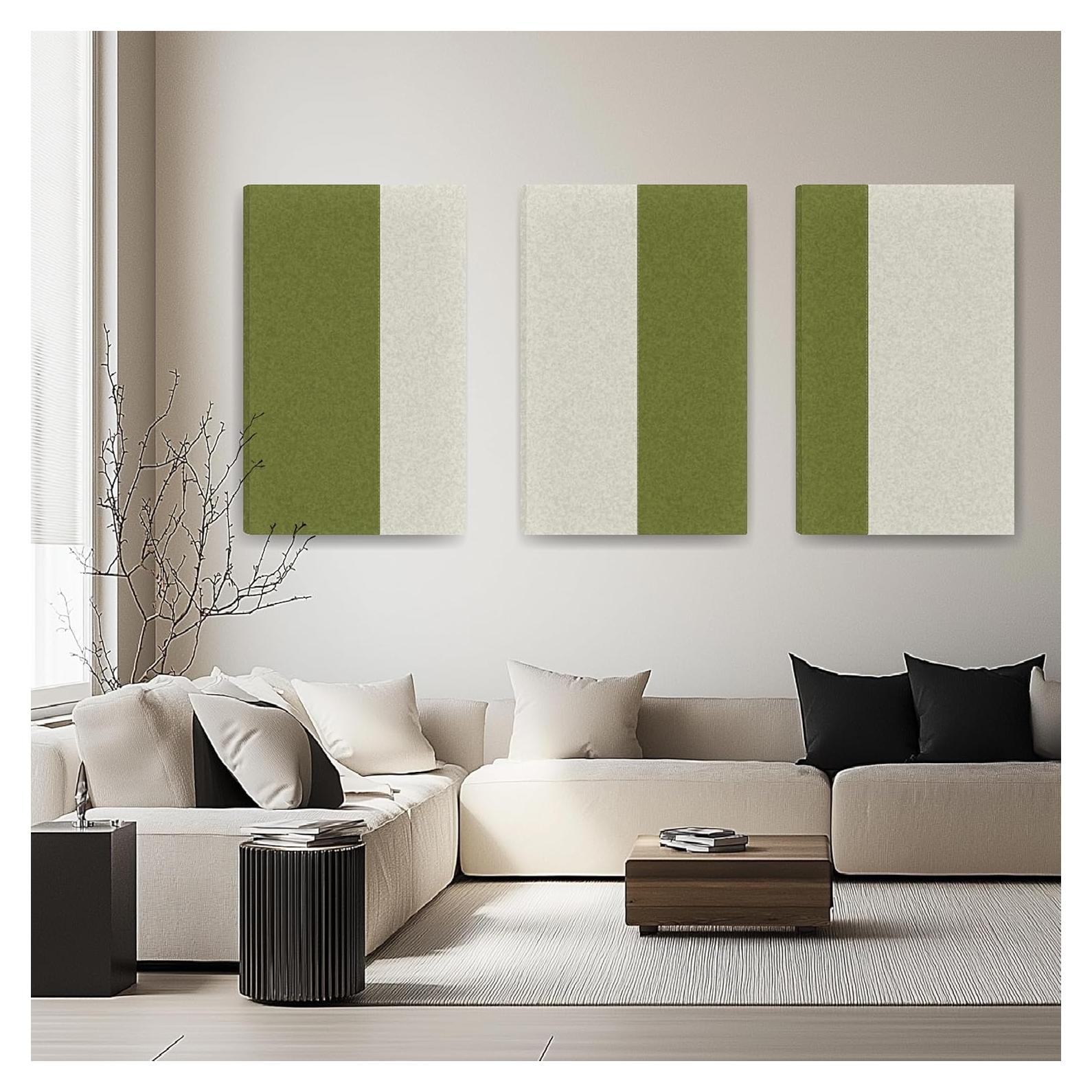 Paquete de 3 Paneles Acústicos de Tela Cosidos 90x60 cm Verde y Gris