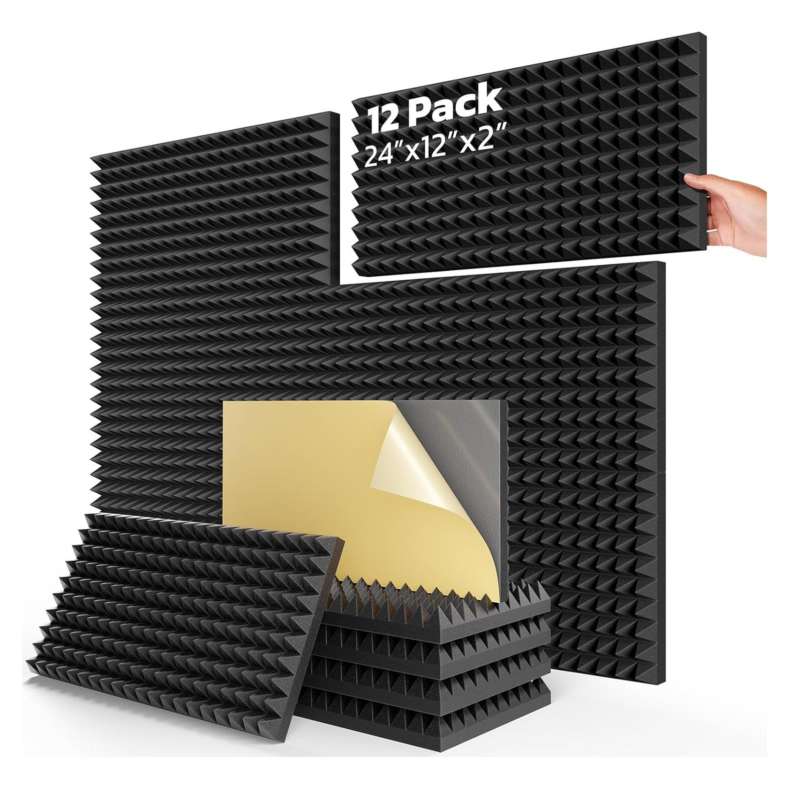 HYCHINS Upgrade 12 Pack Pyramid Sound Proof Foam Panels for Walls with Self-Adhesive, 24" X 12" X 2" High Density Acoustic Panels, Fast Expand Soundproof Wall Panels, Sound Proof Panels for Walls