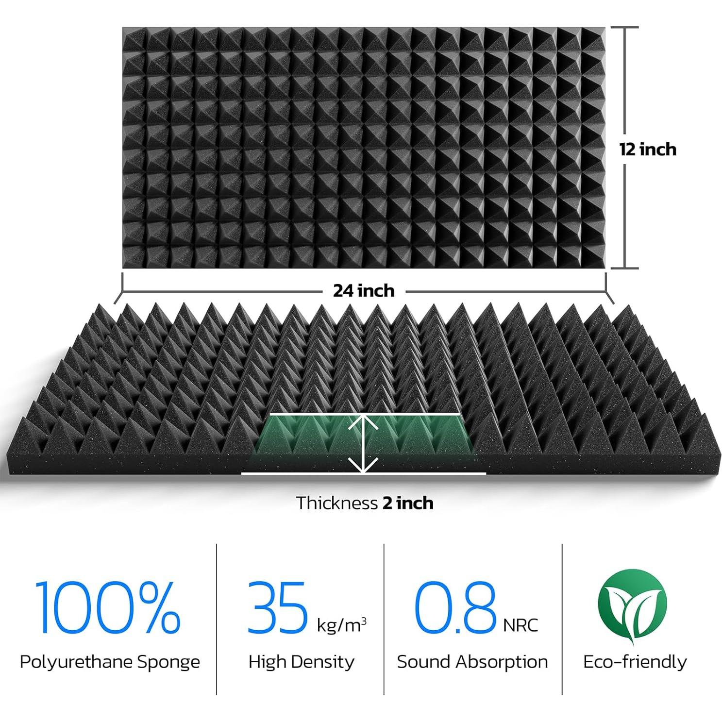 HYCHINS Upgrade 12 Pack Pyramid Sound Proof Foam Panels for Walls with Self-Adhesive, 24" X 12" X 2" High Density Acoustic Panels, Fast Expand Soundproof Wall Panels, Sound Proof Panels for Walls