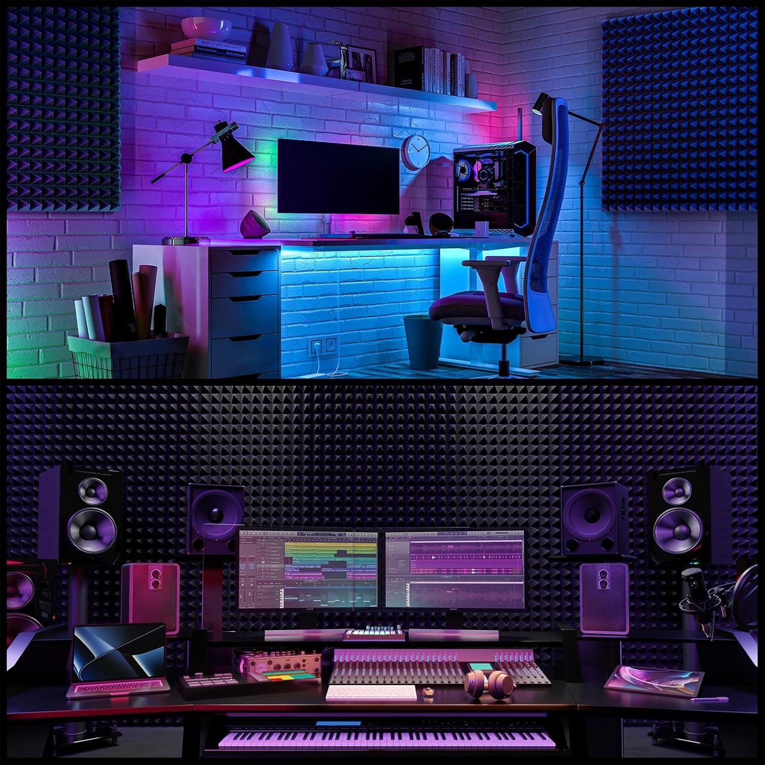 HYCHINS Upgrade 12 Pack Pyramid Sound Proof Foam Panels for Walls with Self-Adhesive, 24" X 12" X 2" High Density Acoustic Panels, Fast Expand Soundproof Wall Panels, Sound Proof Panels for Walls