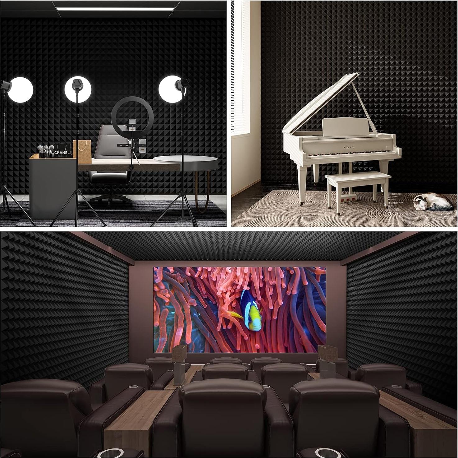 HYCHINS Upgrade 12 Pack Pyramid Sound Proof Foam Panels for Walls with Self-Adhesive, 24" X 12" X 2" High Density Acoustic Panels, Fast Expand Soundproof Wall Panels, Sound Proof Panels for Walls