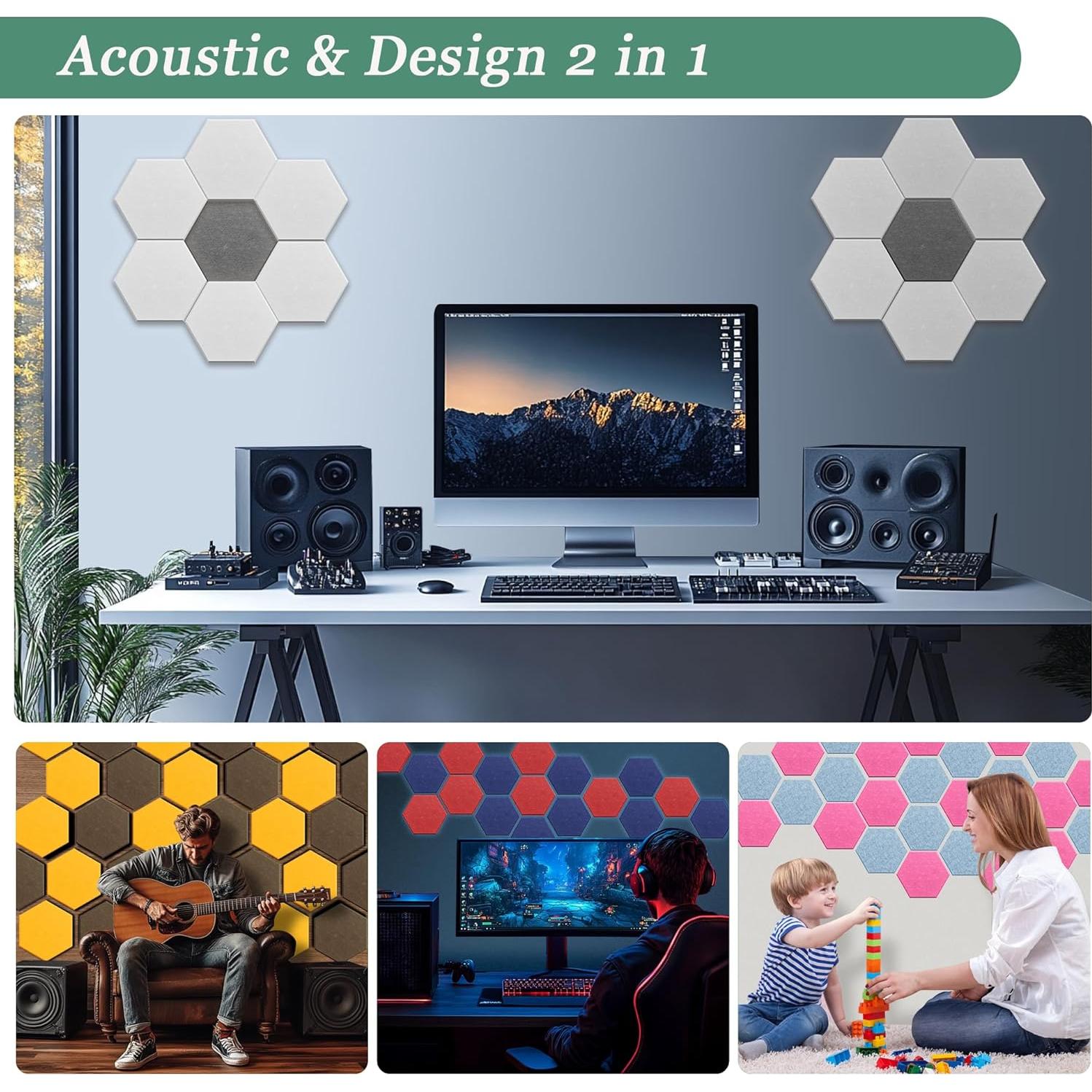 Paneles Acústicos Hexagonales UNECHO - 12 Piezas 30.48x25.4cm Blanco