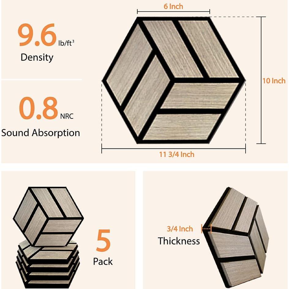 Paneles Acústicos Hexagonales Urban Decor 5 Piezas Gris