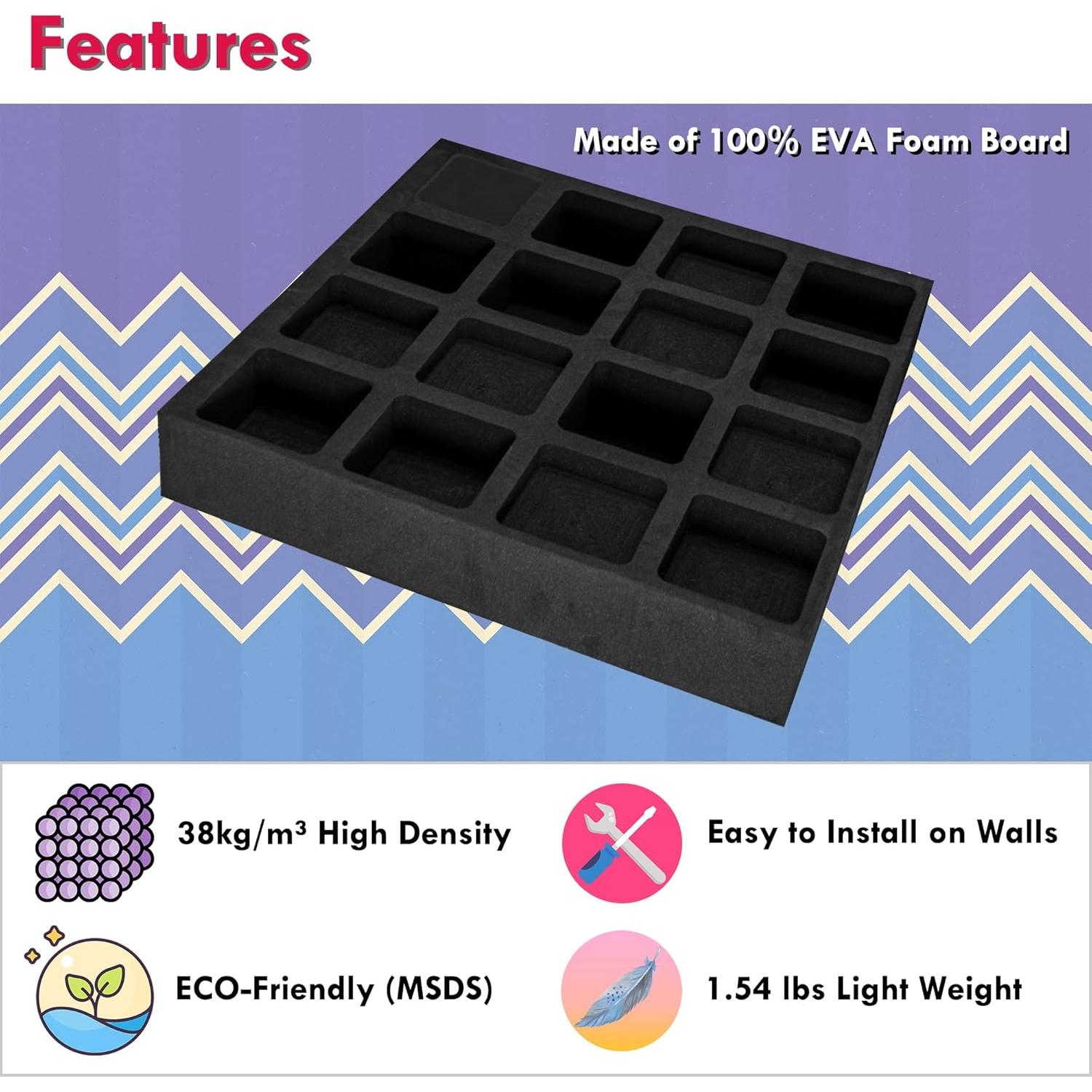 4 Paneles Difusores Acústicos EVA 60x60x5cm Negro para Estudio
