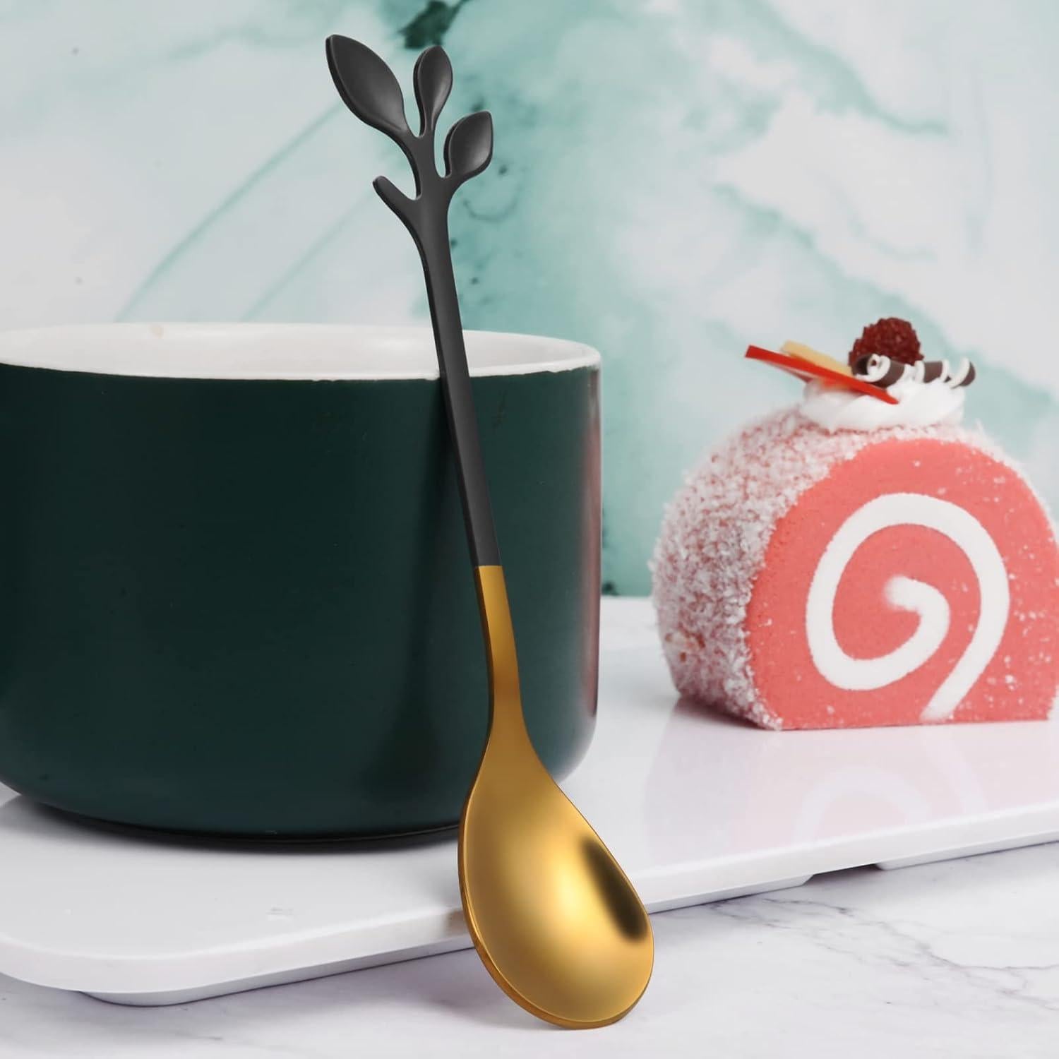 Juego de 8 Cucharas de Espresso AnSaw Negro y Dorado 11.9 cm