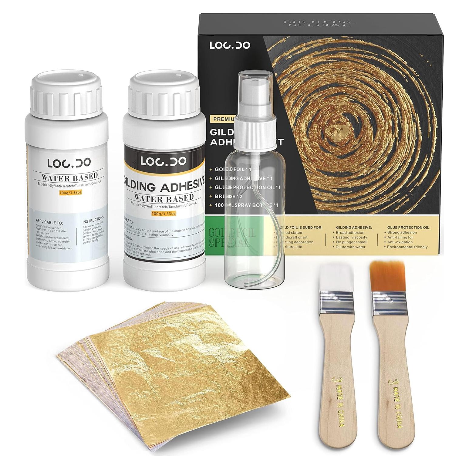 Gold Leaf Kit, Gilding Adhesive 200ml Set, Water Based Adhesive and Protective Varnish Whit Gold Leaf Sheet 100 pc, for Craft Supplies, Painting, Resin Arts Furniture and Decoration