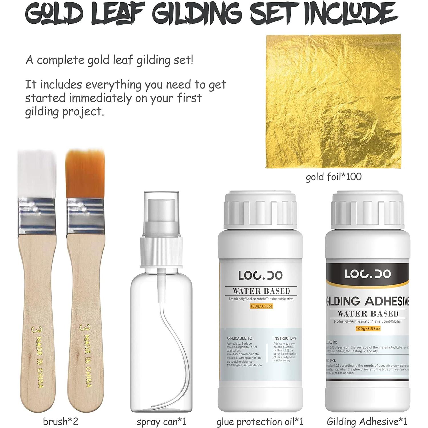 Gold Leaf Kit, Gilding Adhesive 200ml Set, Water Based Adhesive and Protective Varnish Whit Gold Leaf Sheet 100 pc, for Craft Supplies, Painting, Resin Arts Furniture and Decoration