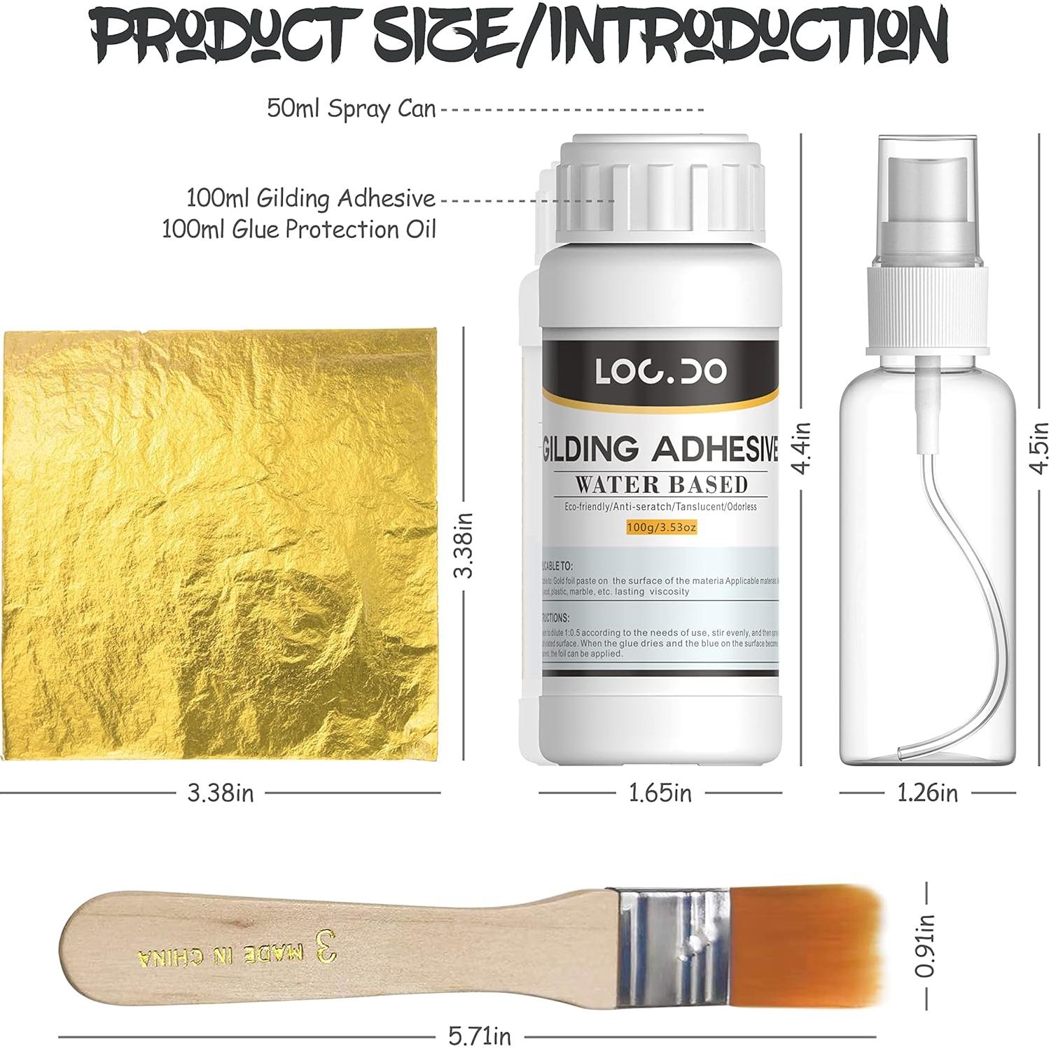 Gold Leaf Kit, Gilding Adhesive 200ml Set, Water Based Adhesive and Protective Varnish Whit Gold Leaf Sheet 100 pc, for Craft Supplies, Painting, Resin Arts Furniture and Decoration