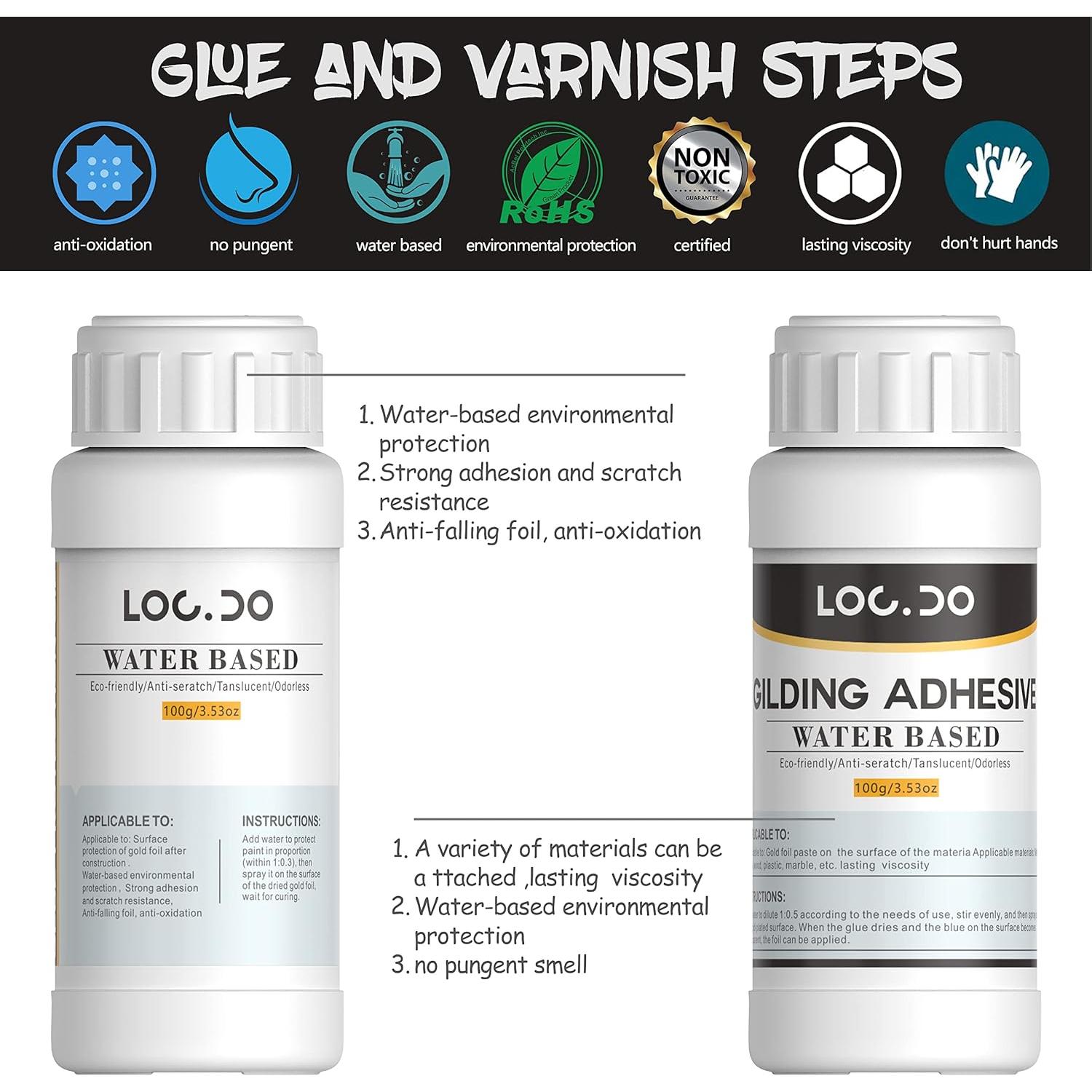 Gold Leaf Kit, Gilding Adhesive 200ml Set, Water Based Adhesive and Protective Varnish Whit Gold Leaf Sheet 100 pc, for Craft Supplies, Painting, Resin Arts Furniture and Decoration