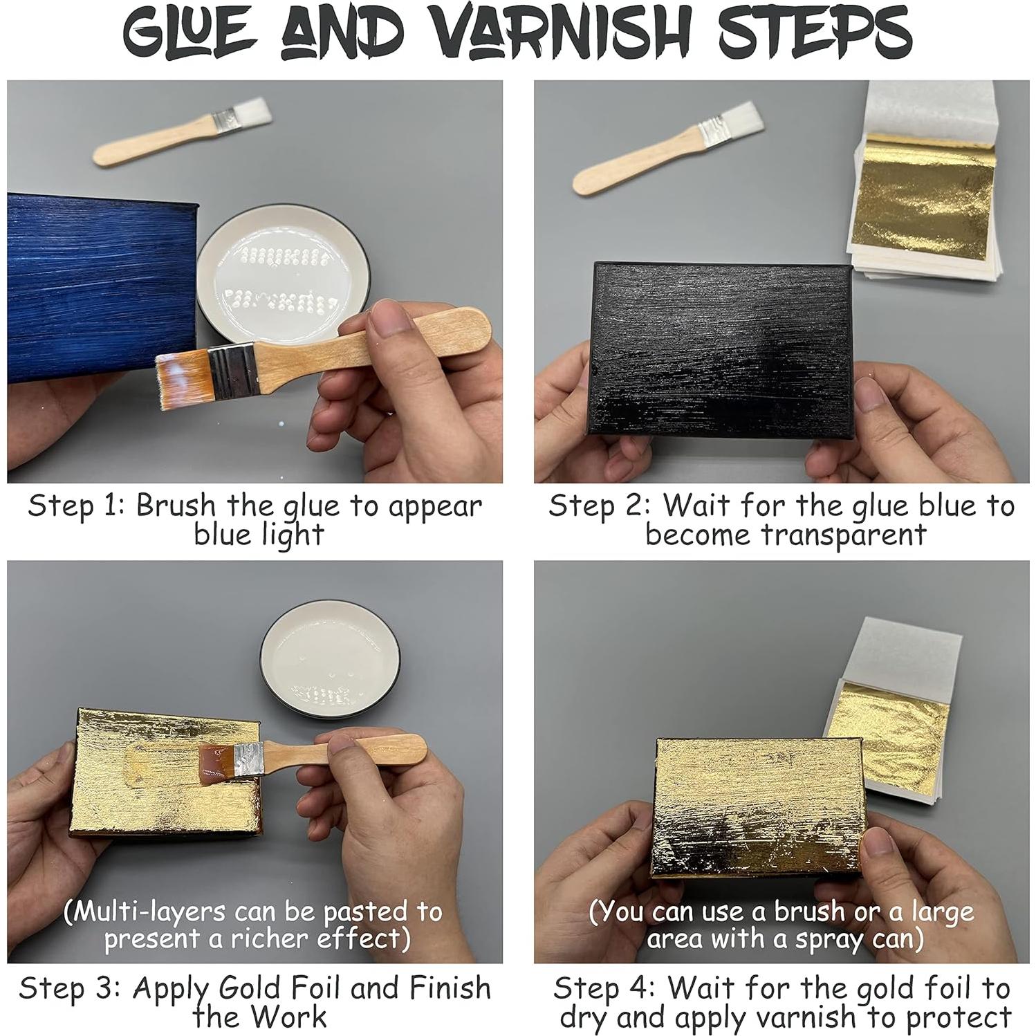 Gold Leaf Kit, Gilding Adhesive 200ml Set, Water Based Adhesive and Protective Varnish Whit Gold Leaf Sheet 100 pc, for Craft Supplies, Painting, Resin Arts Furniture and Decoration