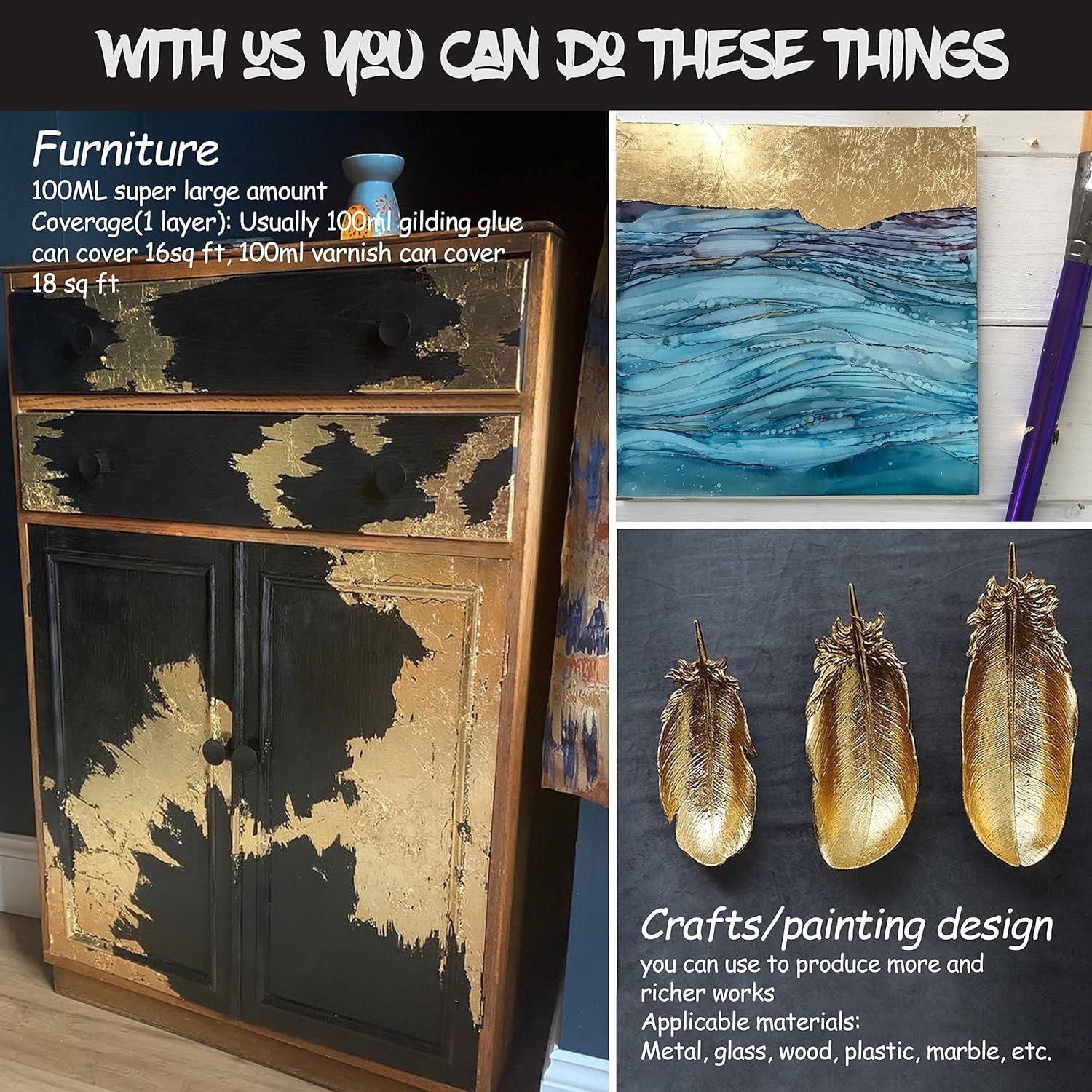 Gold Leaf Kit, Gilding Adhesive 200ml Set, Water Based Adhesive and Protective Varnish Whit Gold Leaf Sheet 100 pc, for Craft Supplies, Painting, Resin Arts Furniture and Decoration