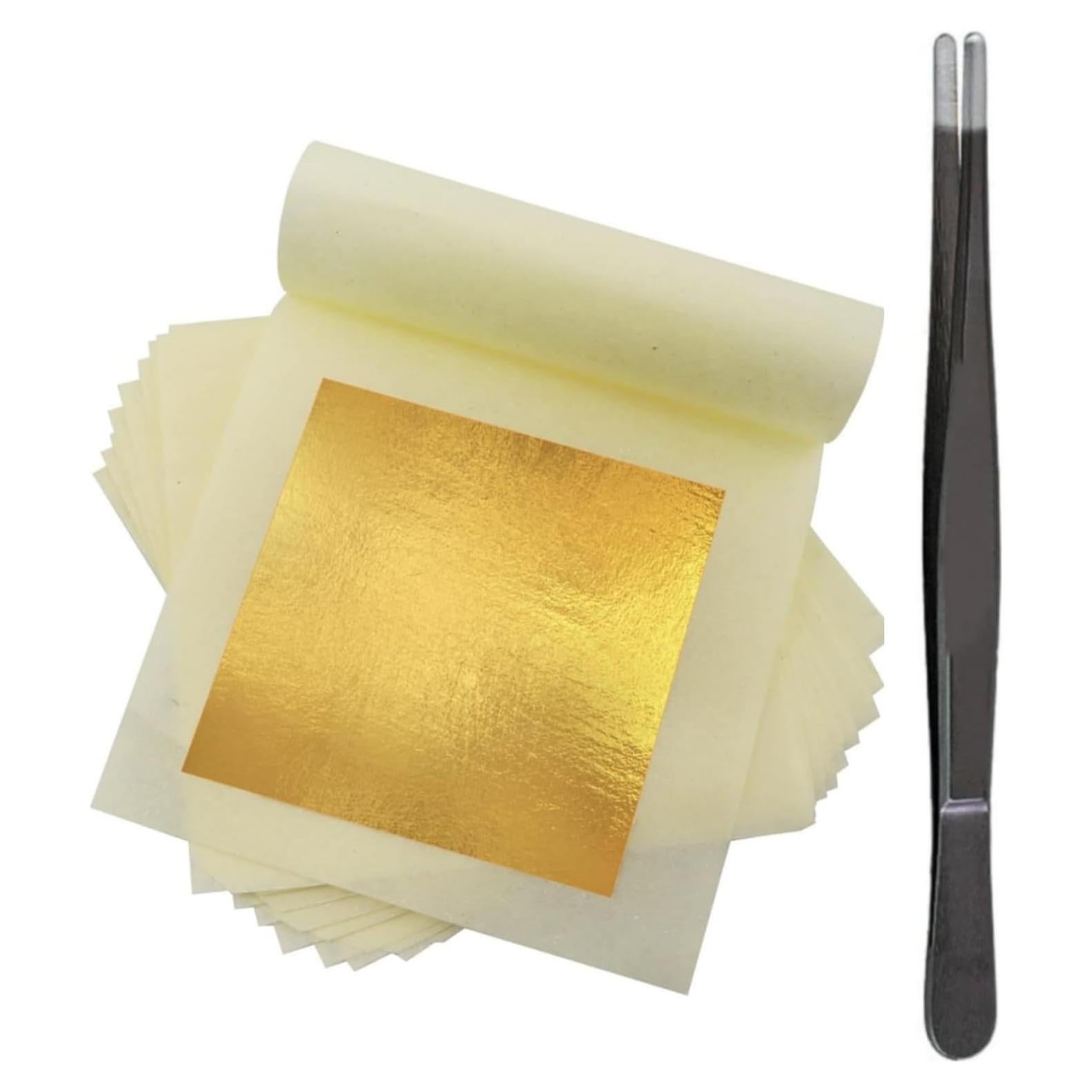 100 Hojas de Oro Comestible 24K 13.5x13.5 cm con Pinzas