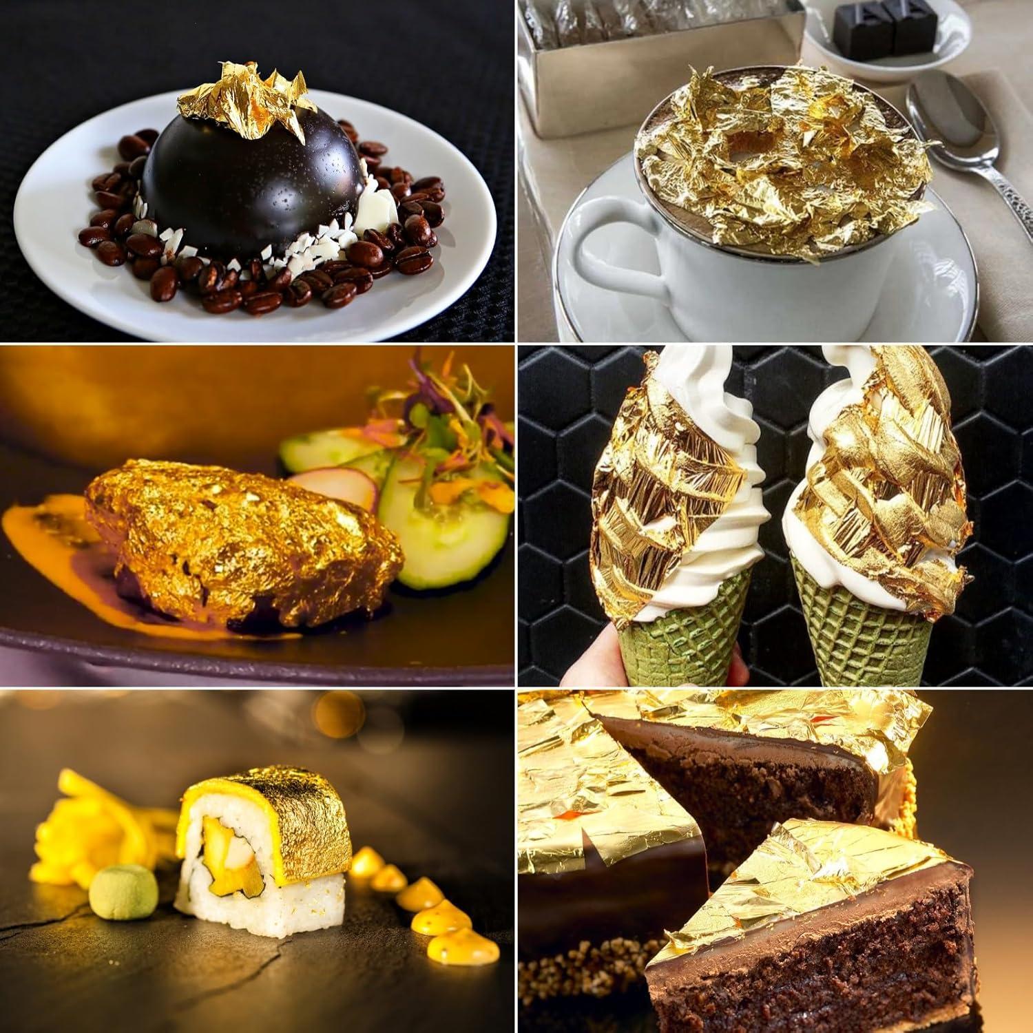 100 Hojas de Oro Comestible 24K 13.5x13.5 cm con Pinzas