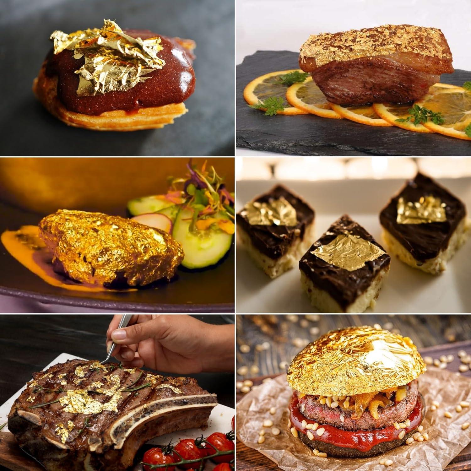 100 Hojas de Oro Comestible 24K 13.5x13.5 cm con Pinzas