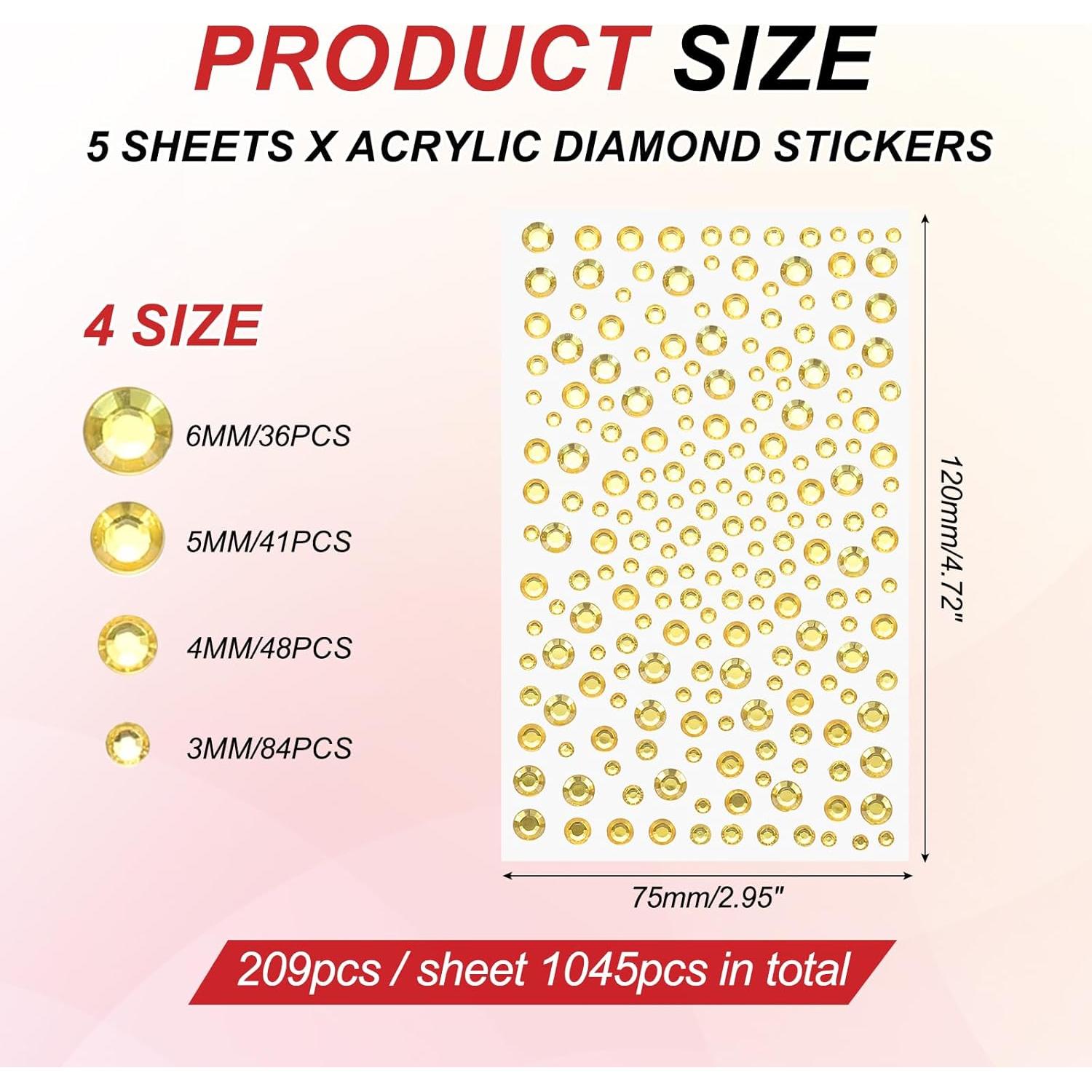 PATIKIL 1045 Pcs Acrylic Gem Sticker, 4 Size 3/4/5/6mm Self Adhesive Rhinestones Face Gem Stones Bling Jewelry for Nail Art Craft Clothes DIY Makeup Decoration Party, Light Gold